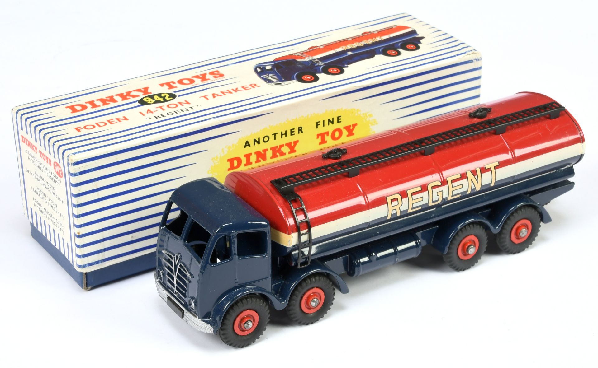 Dinky Toys 942 Foden (Type 2) Tanker "Regent" - Blue cab and chassis, white, red including supert...