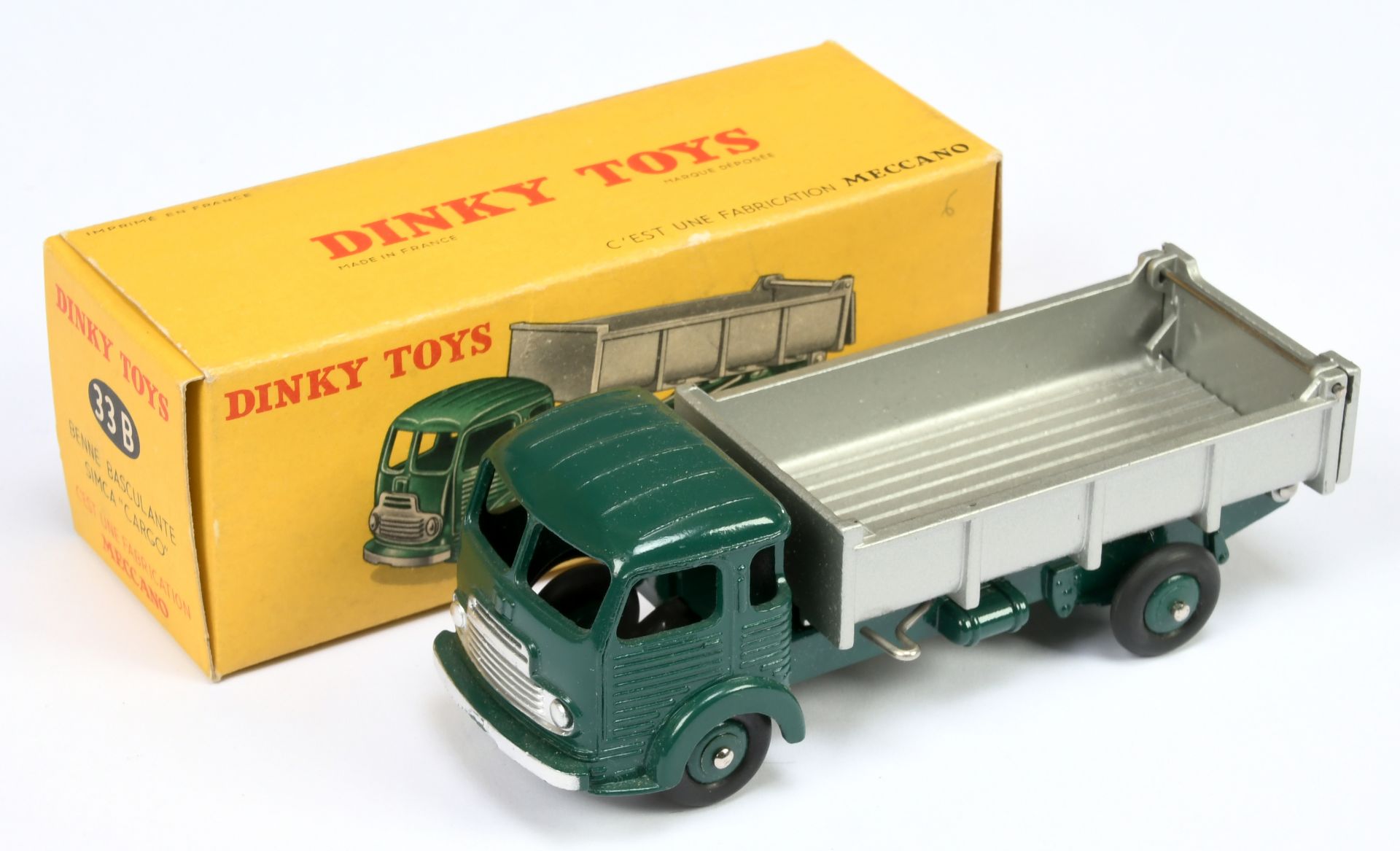 French Dinky Toys 33B Simca Cargo Tipper Truck - Green cab, chassis and convex hubs silver ribbed...