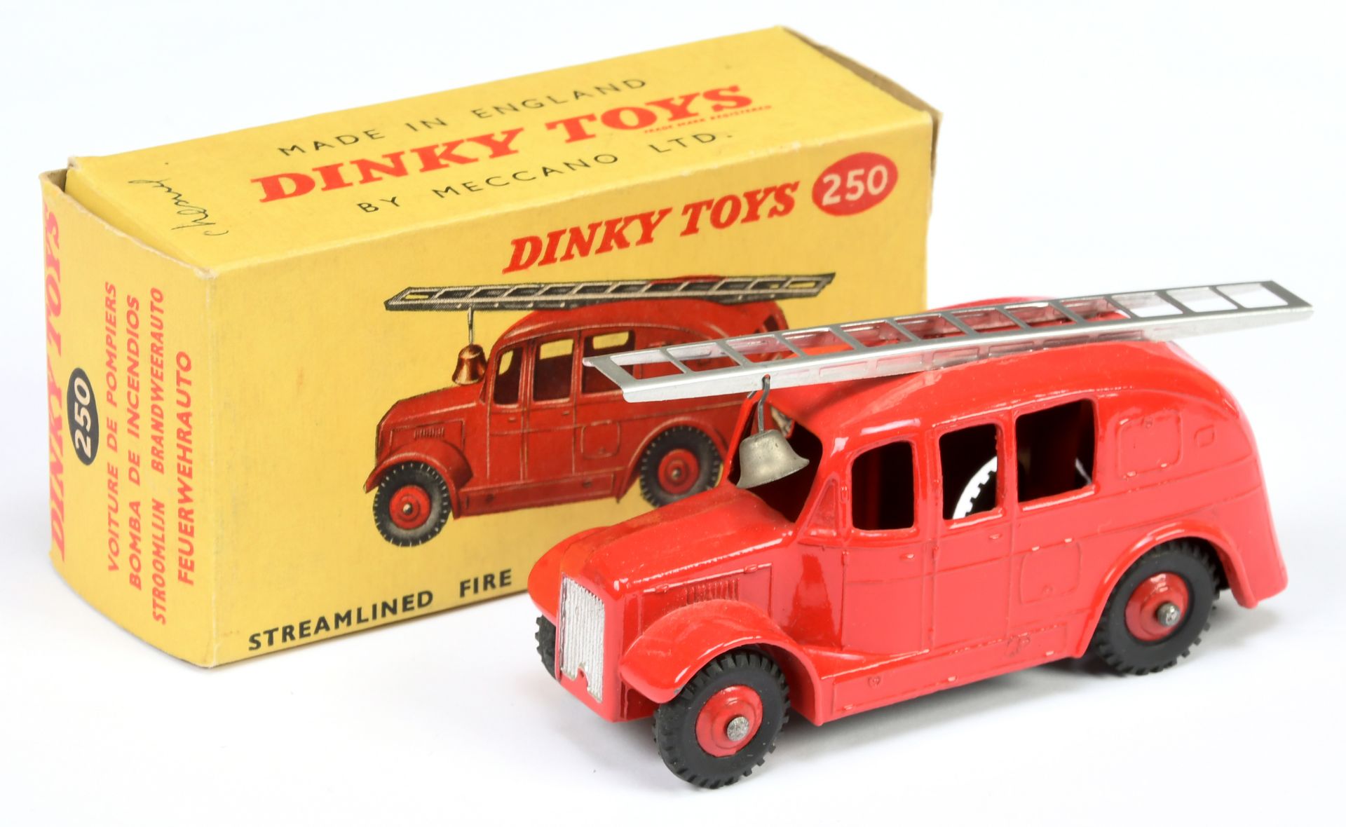 Dinky Toys 250 Streamlined Fire Engine - Red including rigid hubs with black treaded tyres, silve...