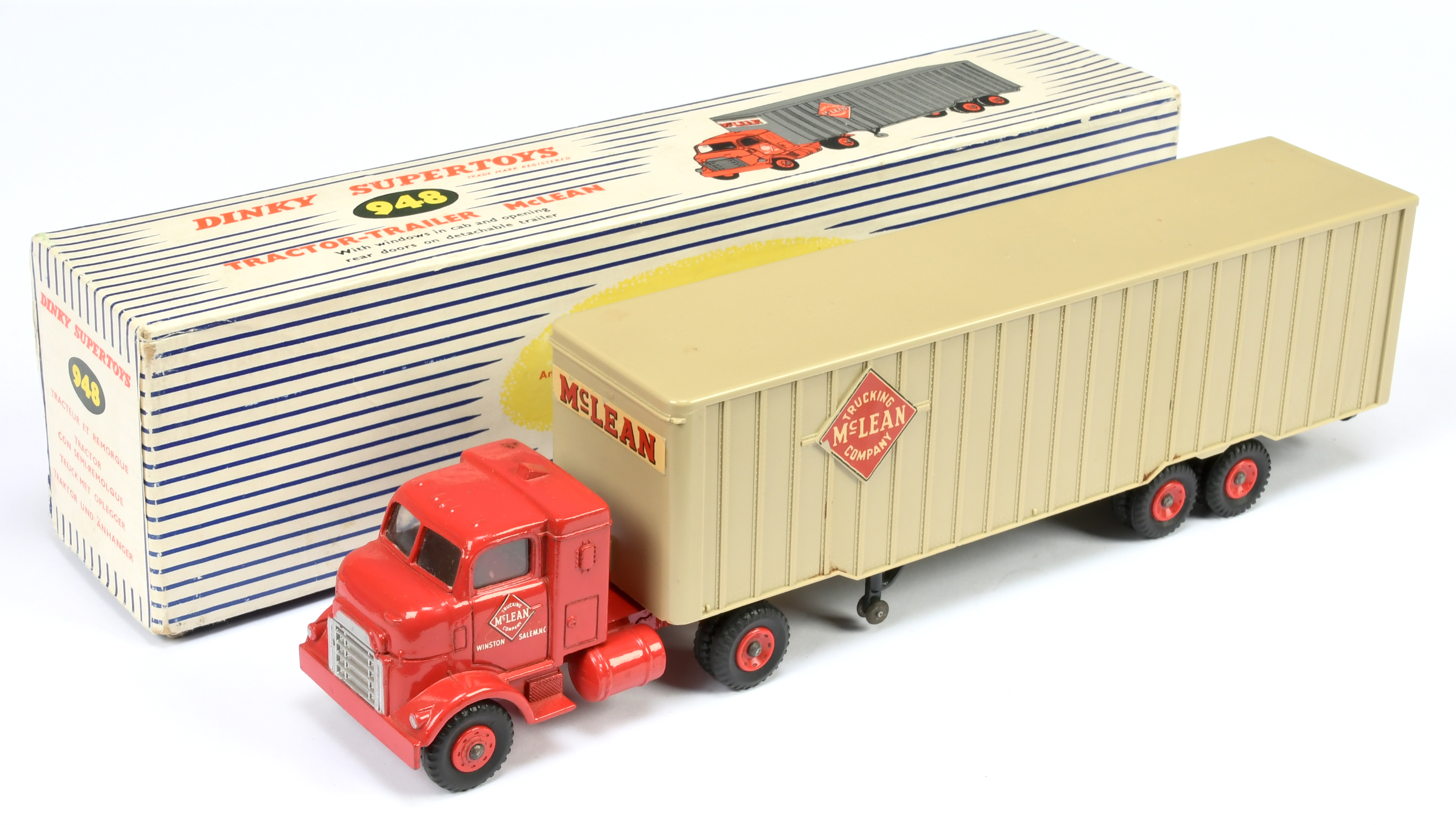 Dinky Toys 948 Tractor-Trailer "McLean" - Red cab and plastic hubs with windows complete with traile