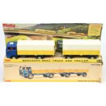 Dinky Toys 917 Mercedes Truck And Trailer - Blue cab and chassis, yellow sides with white plastic...