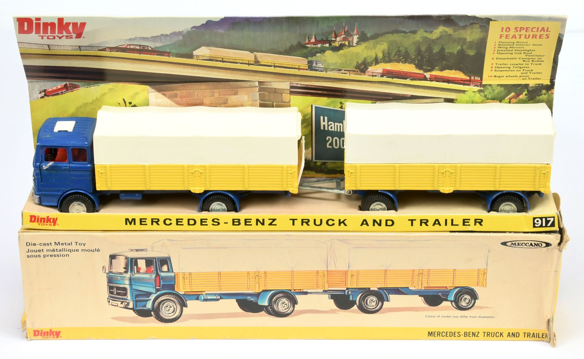 Dinky Toys 917 Mercedes Truck And Trailer - Blue cab and chassis, yellow sides with white plastic...