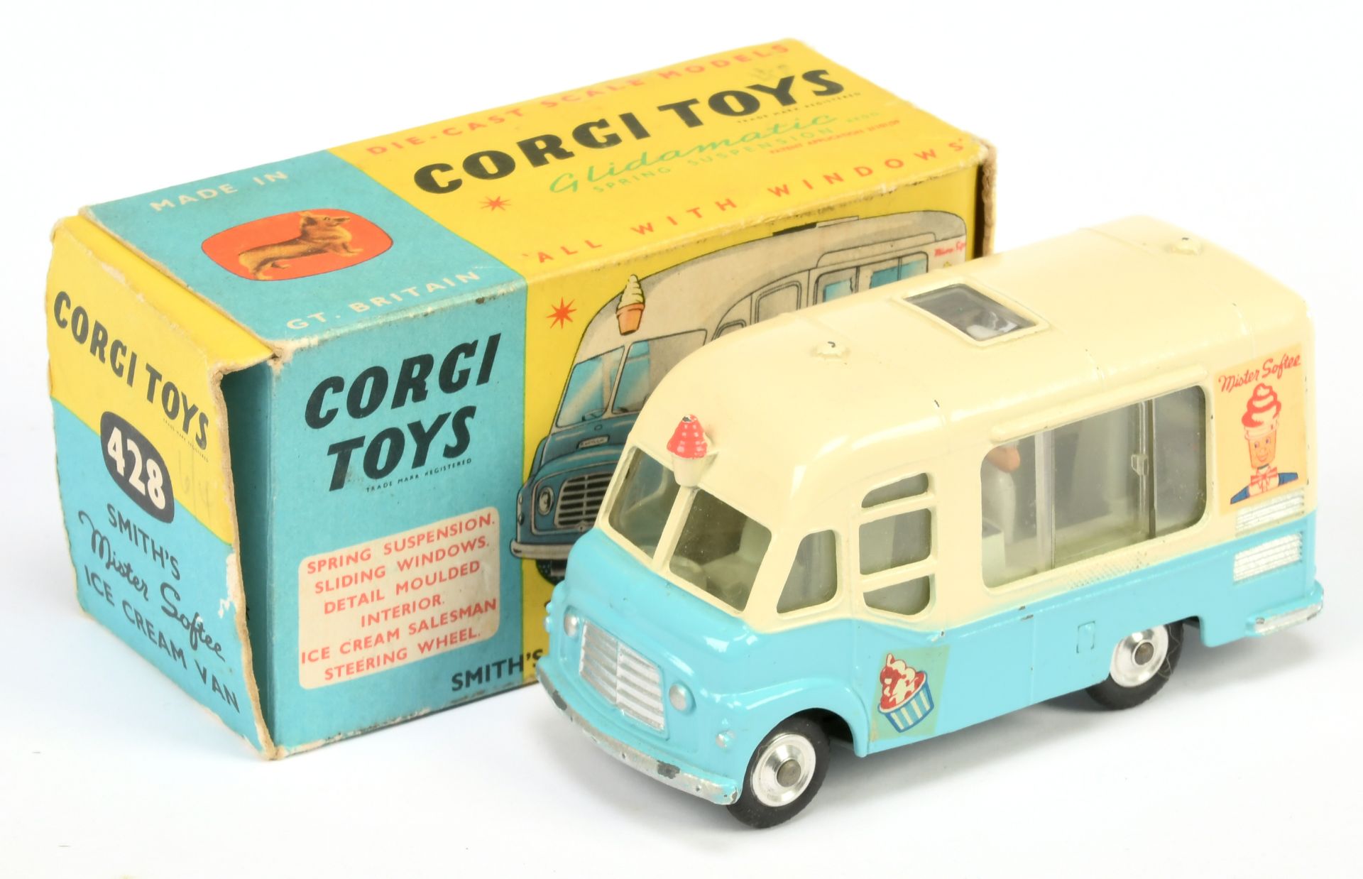 Corgi Toys 428 Smith's karrier "Mister Softee" Ice cream Van - Two-Tone Cream and blue, pale gree...