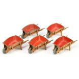 Dinky Toys 105B Garden Wheel Barrow Group Of 5 - Red and Tan with bare metal front wheel