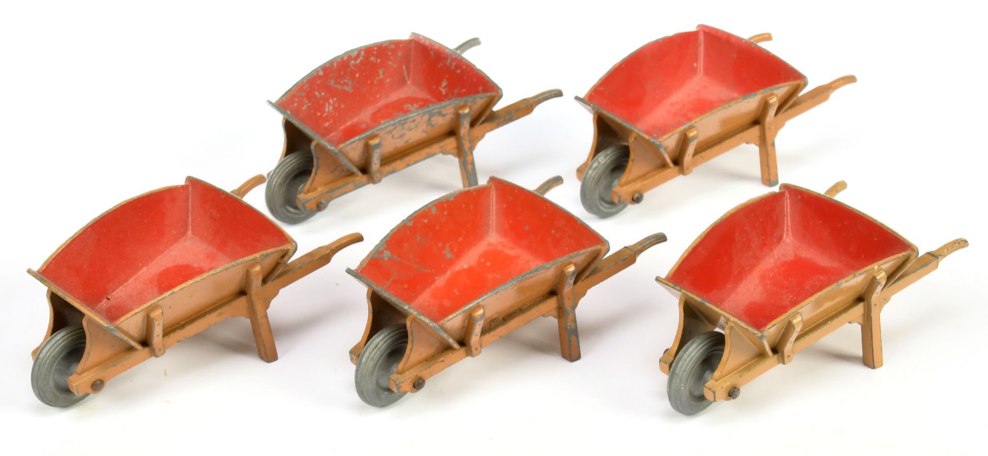 Dinky Toys 105B Garden Wheel Barrow Group Of 5 - Red and Tan with bare metal front wheel