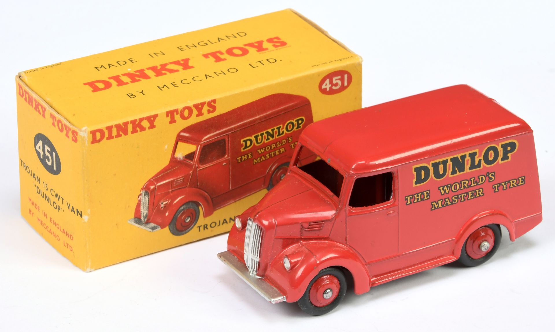 Dinky Toys 450 Trojan Van "Dunlop"  - Red including rigid hubs with smooth tyres, silver trim 
