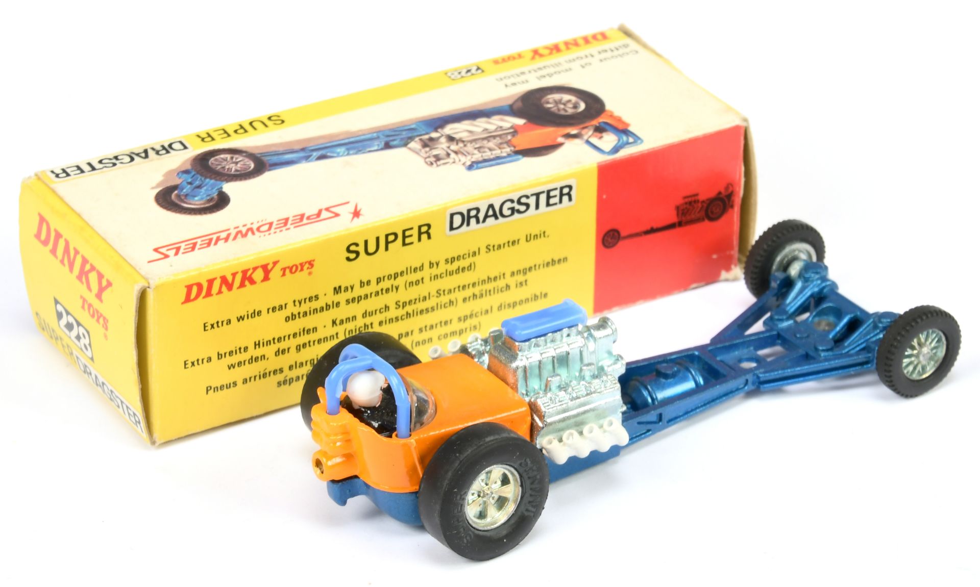 Dinky 228 Super Dragster - Metallic blue chassis, orange body, white exhausts with figure driver ... - Image 2 of 2