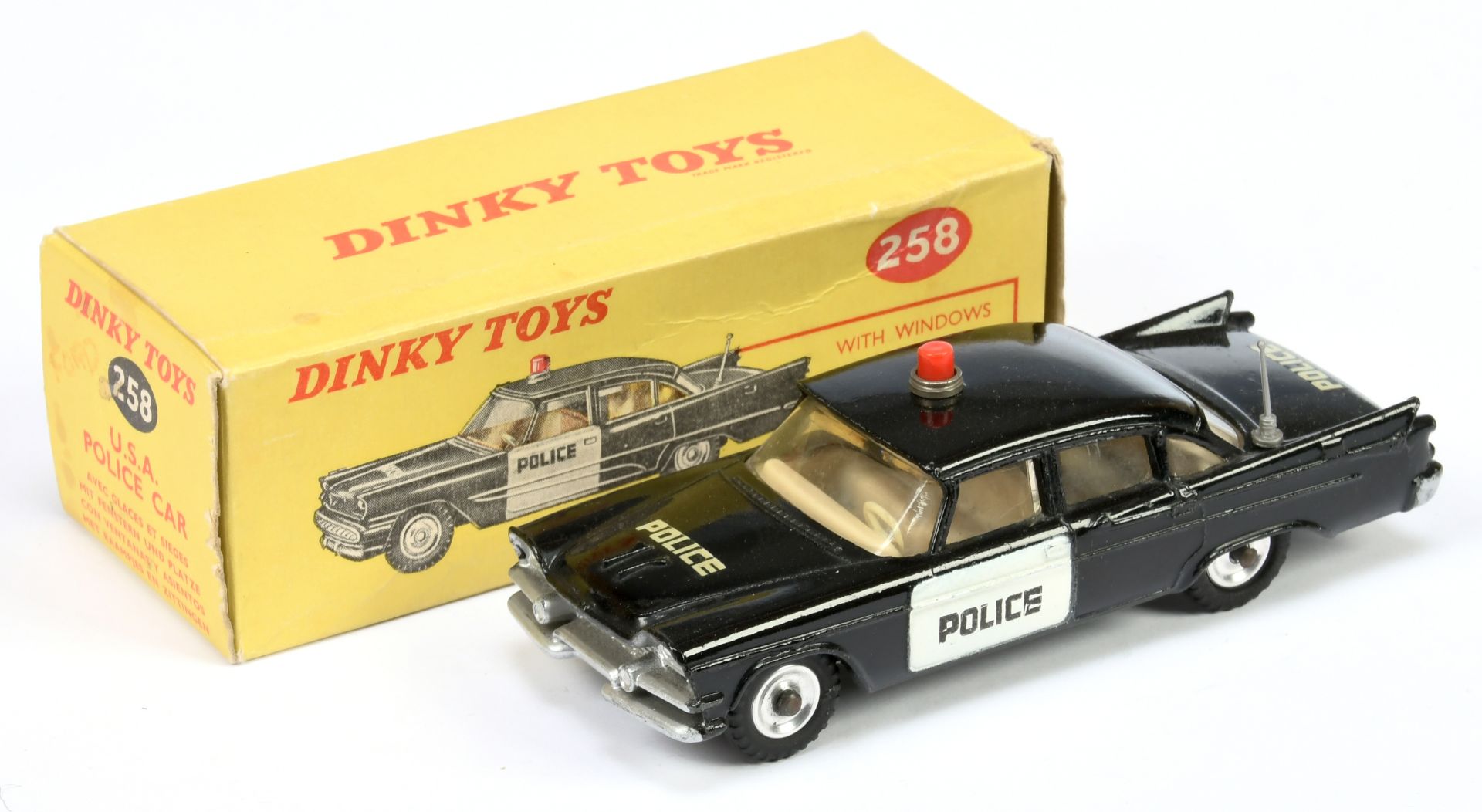 Dinky Toys 258 Dodge Royal sedan "USA Police" Car - Black body, white door panels, cream interior...