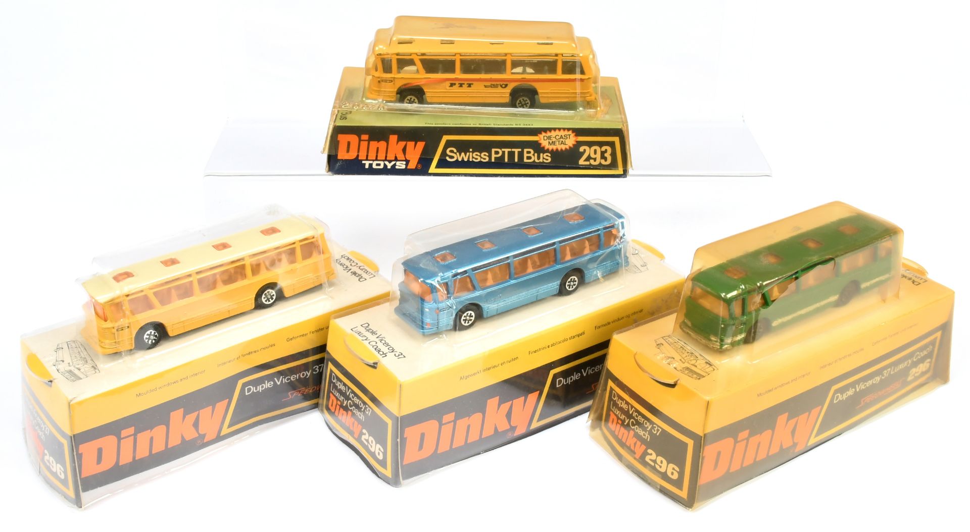 Dinky Toys  293/296 Duple Viceroy Luxury Coach Group Of 4 (1) Blue, (2) Green (over-painted), (3)...