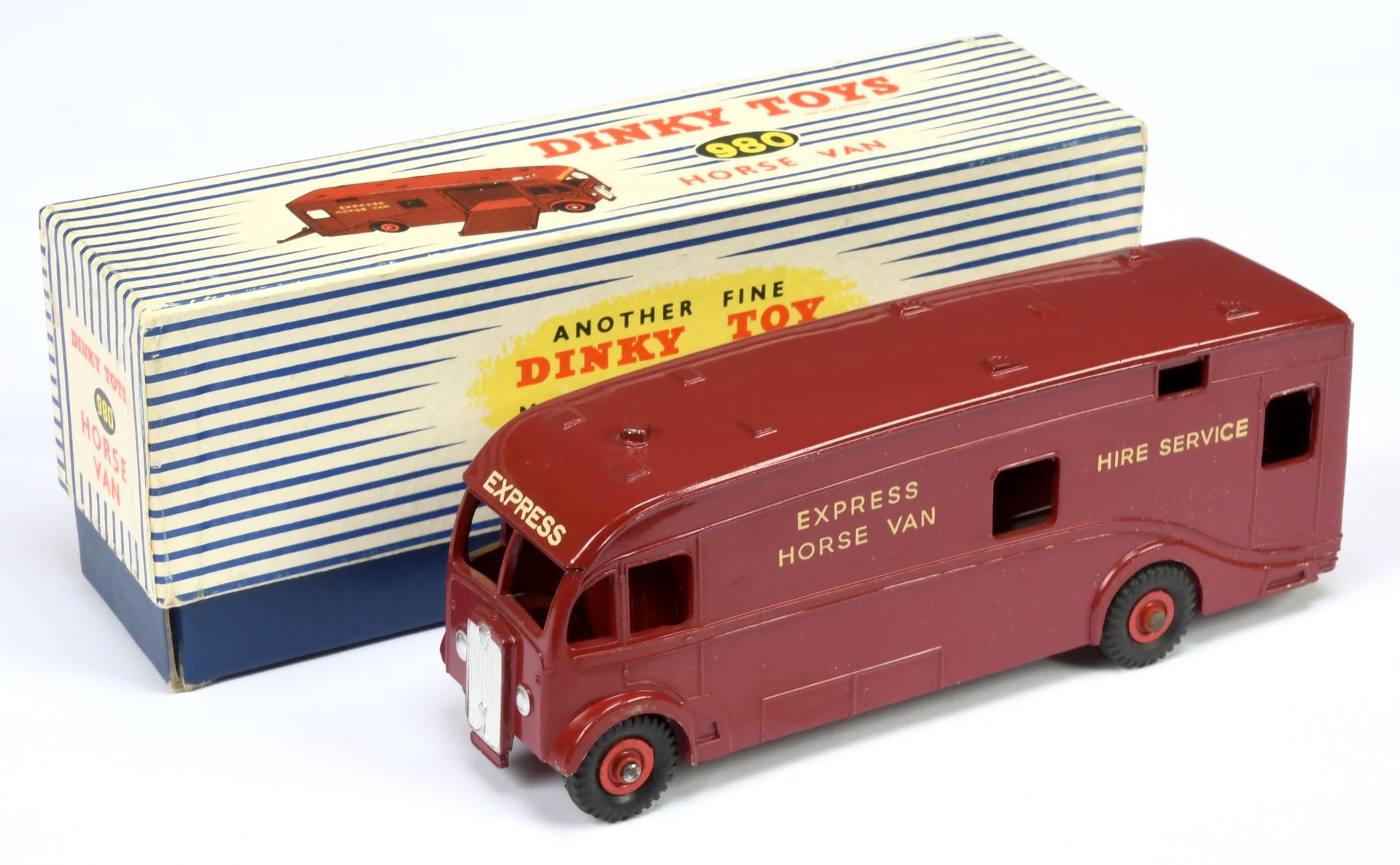 Dinky Toys 980 Horse van EXPORT ISSUE "Express Horse Box Hire Service" - Maroon body, red superto...