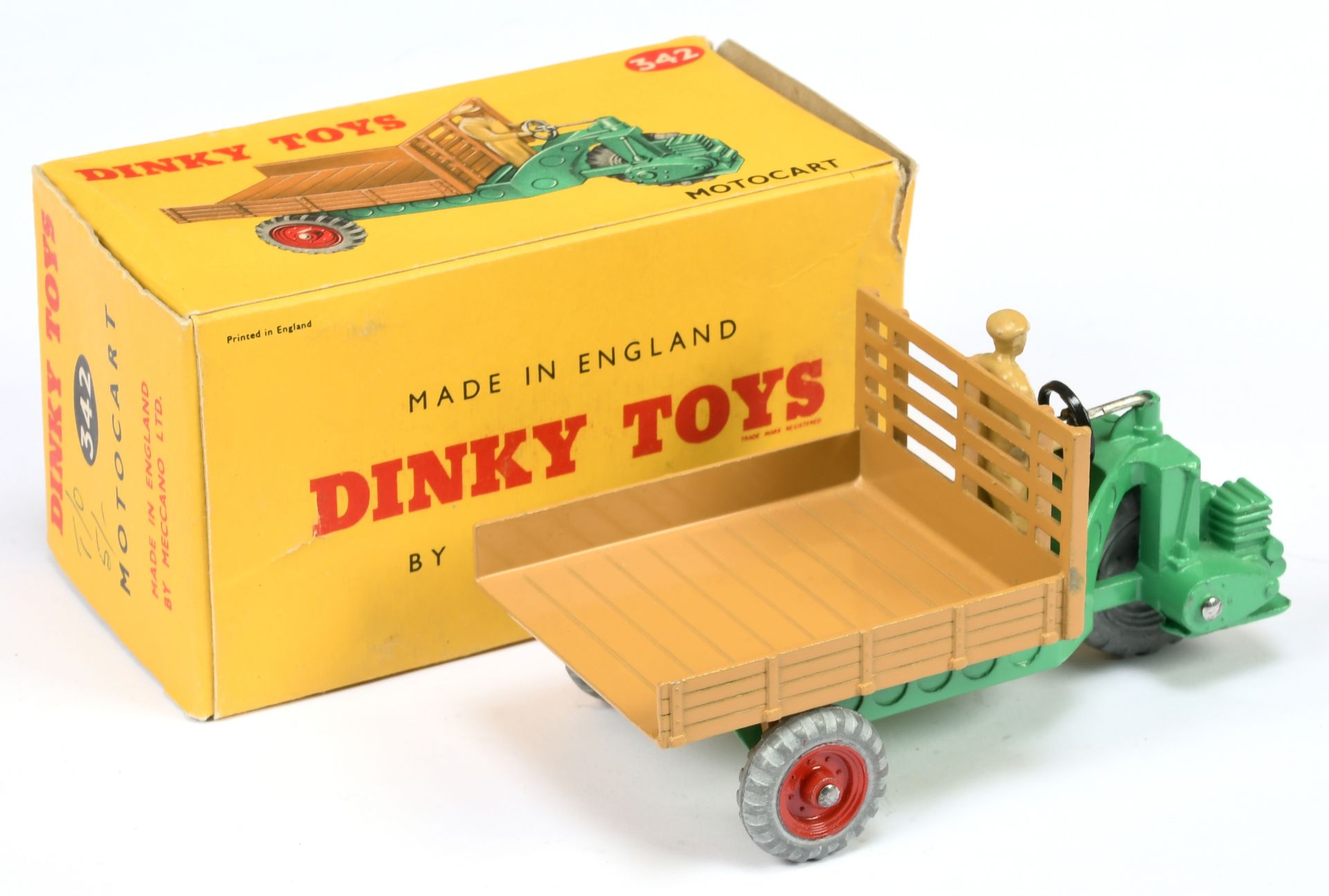 Dinky Toys 342 Motorcart - Mid green including chassis, tan back and figure, red metal wheels  - Bild 2 aus 2