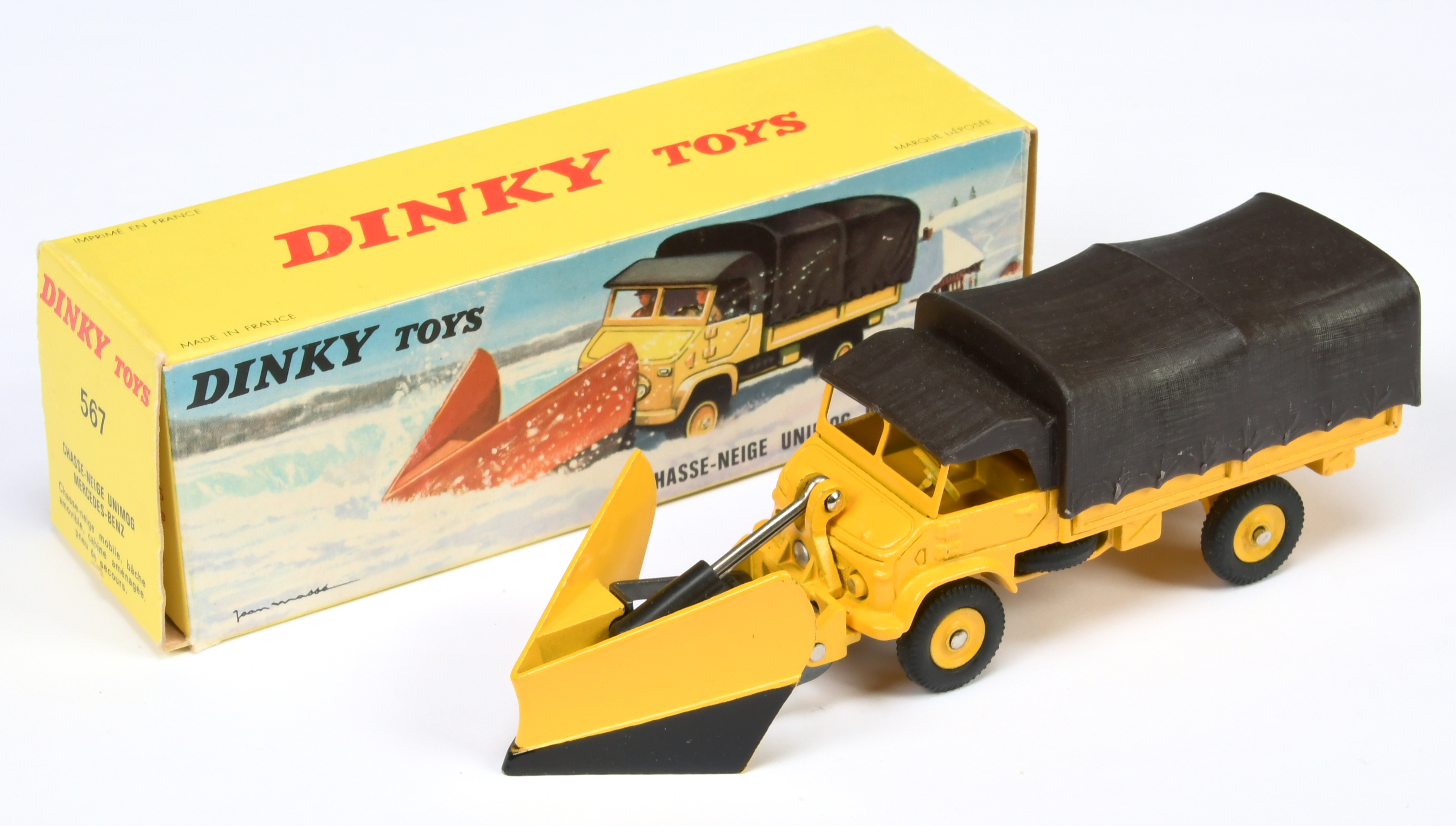 French Dinky Toys 567 Mercedes Unimog With Snow Plough - Yellow cab, body and concave hubs, brown...