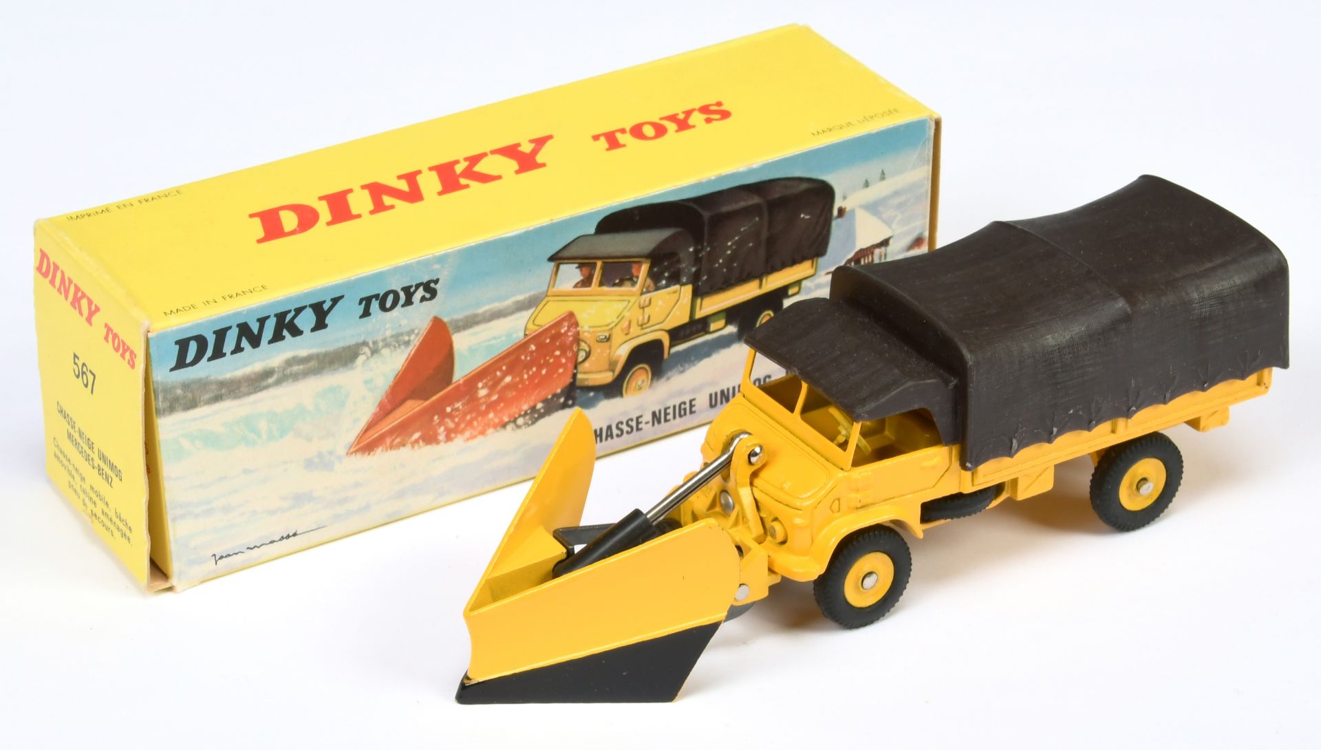 French Dinky Toys 567 Mercedes Unimog With Snow Plough - Yellow cab, body and concave hubs, brown...