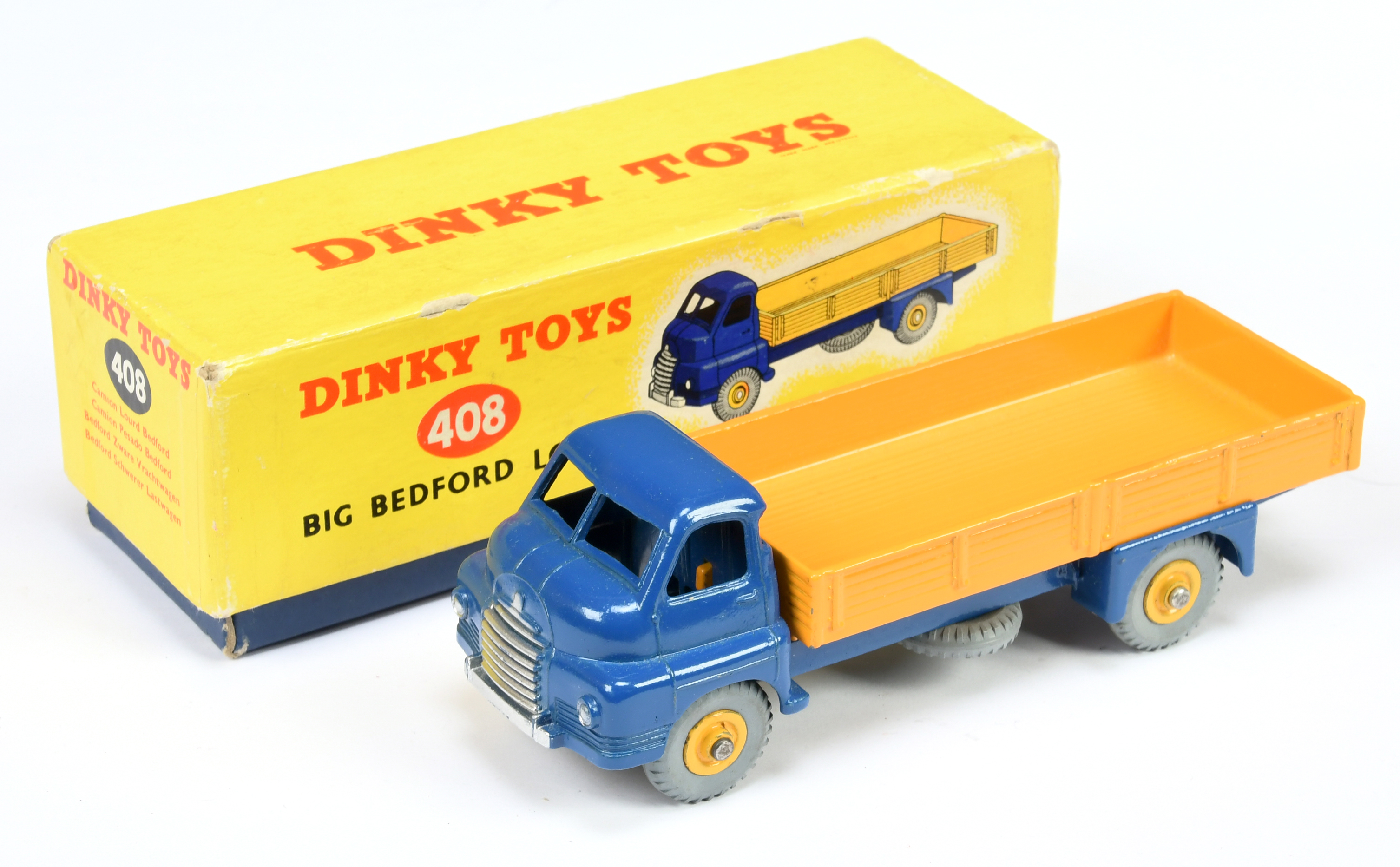 Dinky Toys 408 Big Bedford Lorry - Blue cab and chassis, deep yellow back, silver trim, bright ye...