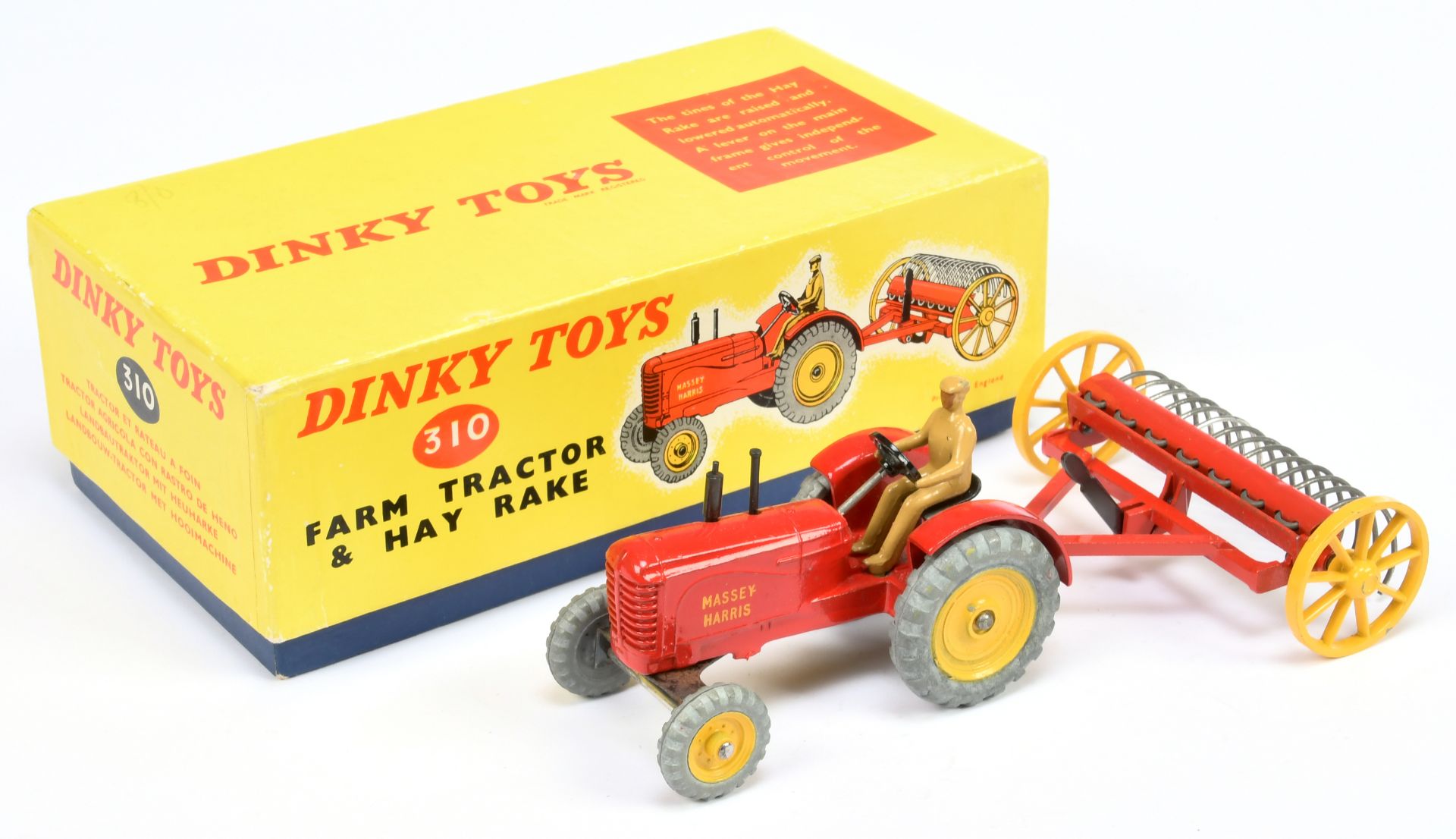 Dinky Toys 310 Farm Tractor Set - To Include Massey Harris Tractor - red body, yellow metal wheel...