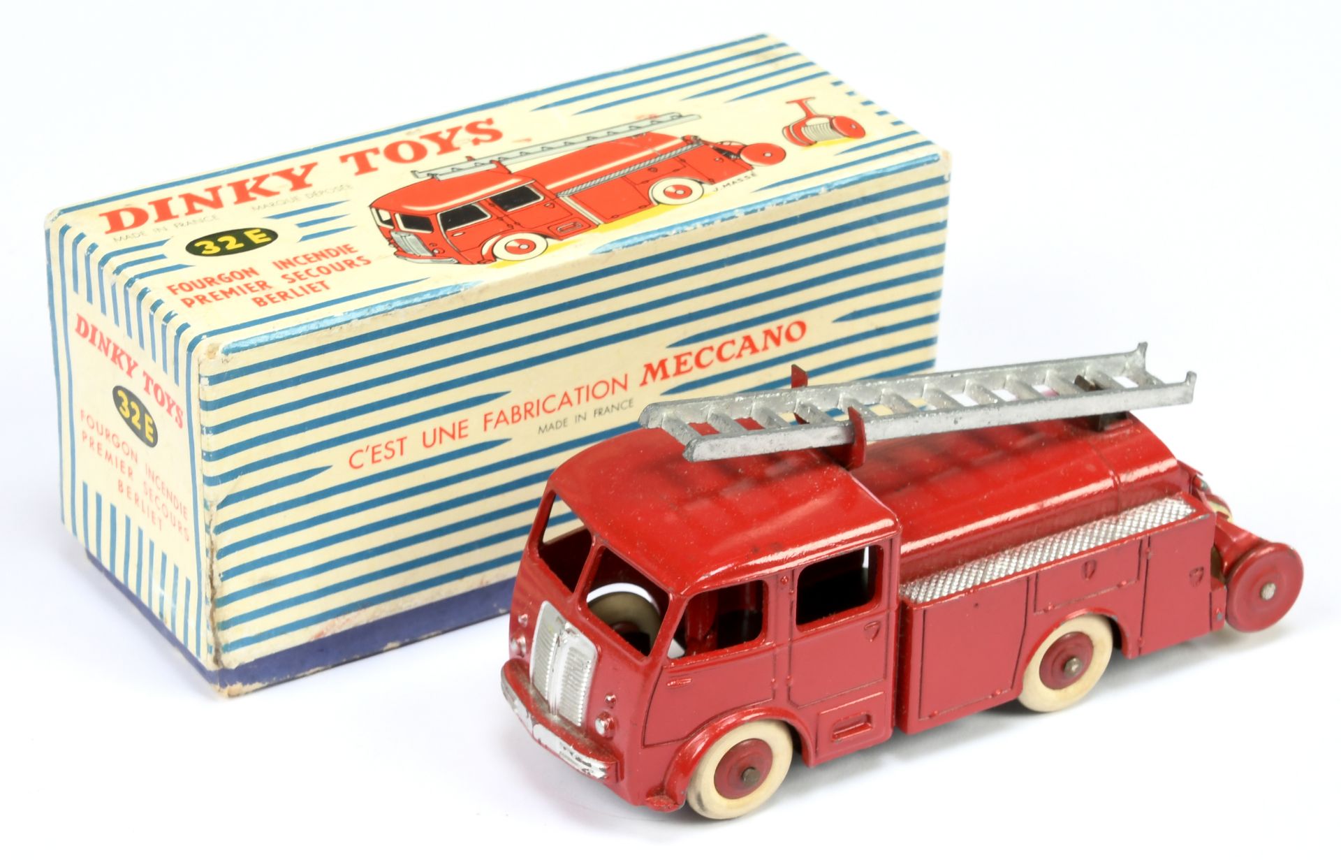 French Dinky Toys 32E Berliet Fire Engine - red including convex hubs, silver trim, side platform...