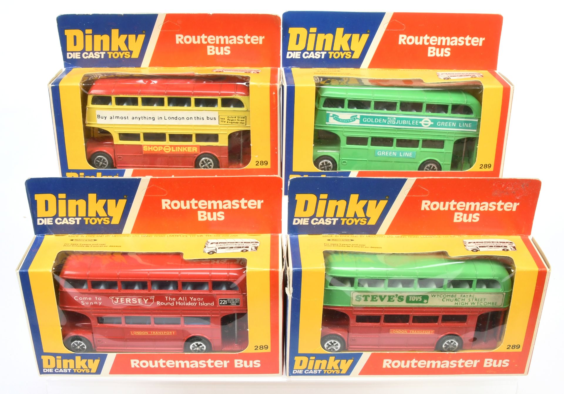 Dinky Toys  289 Routemaster buses A Group Of Code 4 issues (1) "Come To Sunny Jersey" -Red  (2) "...