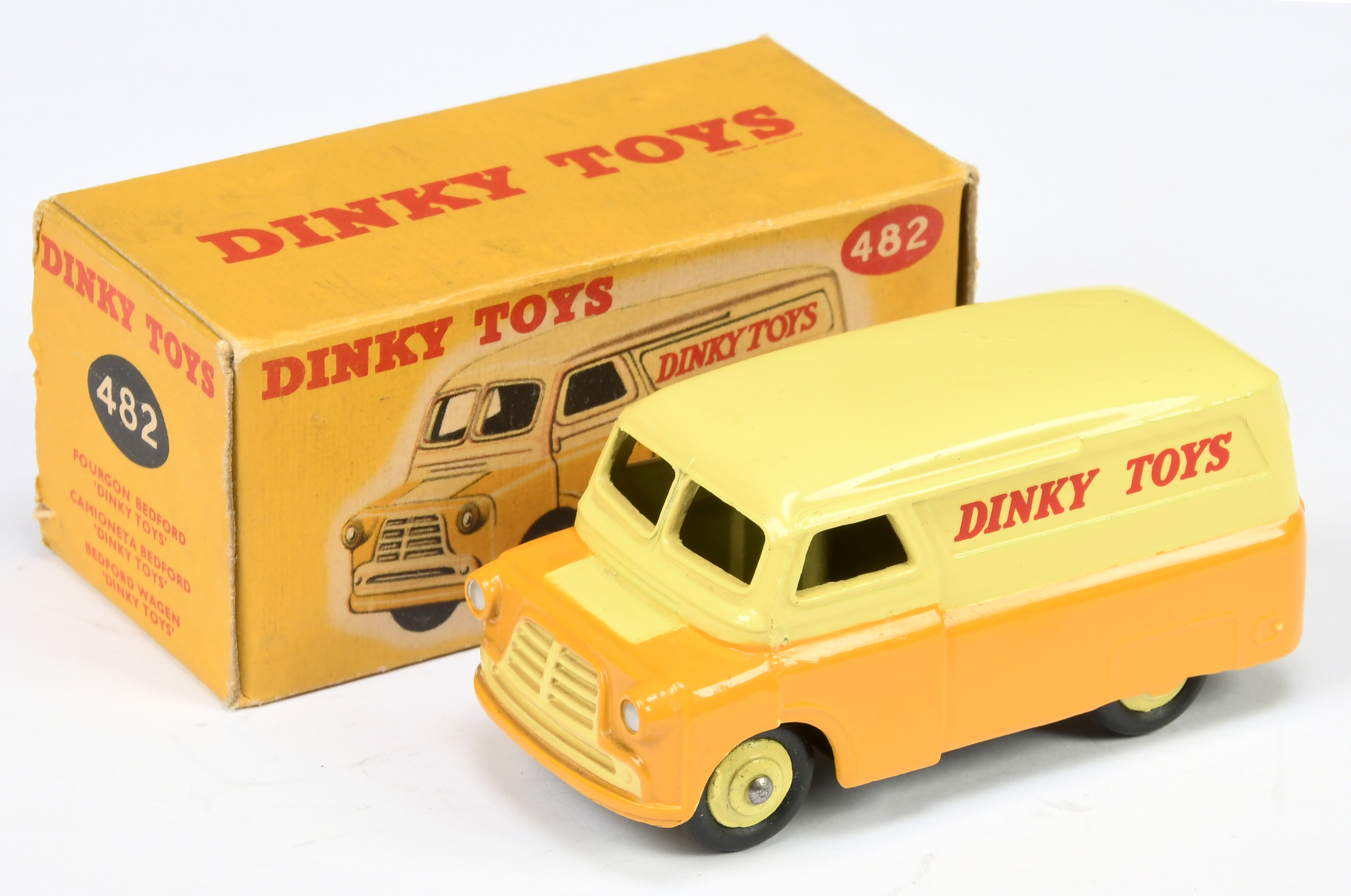 Dinky Toys 482 Bedford Van "Dinky Toys" - Two-Tone yellow, rigid hubs and silver trim to lights o...