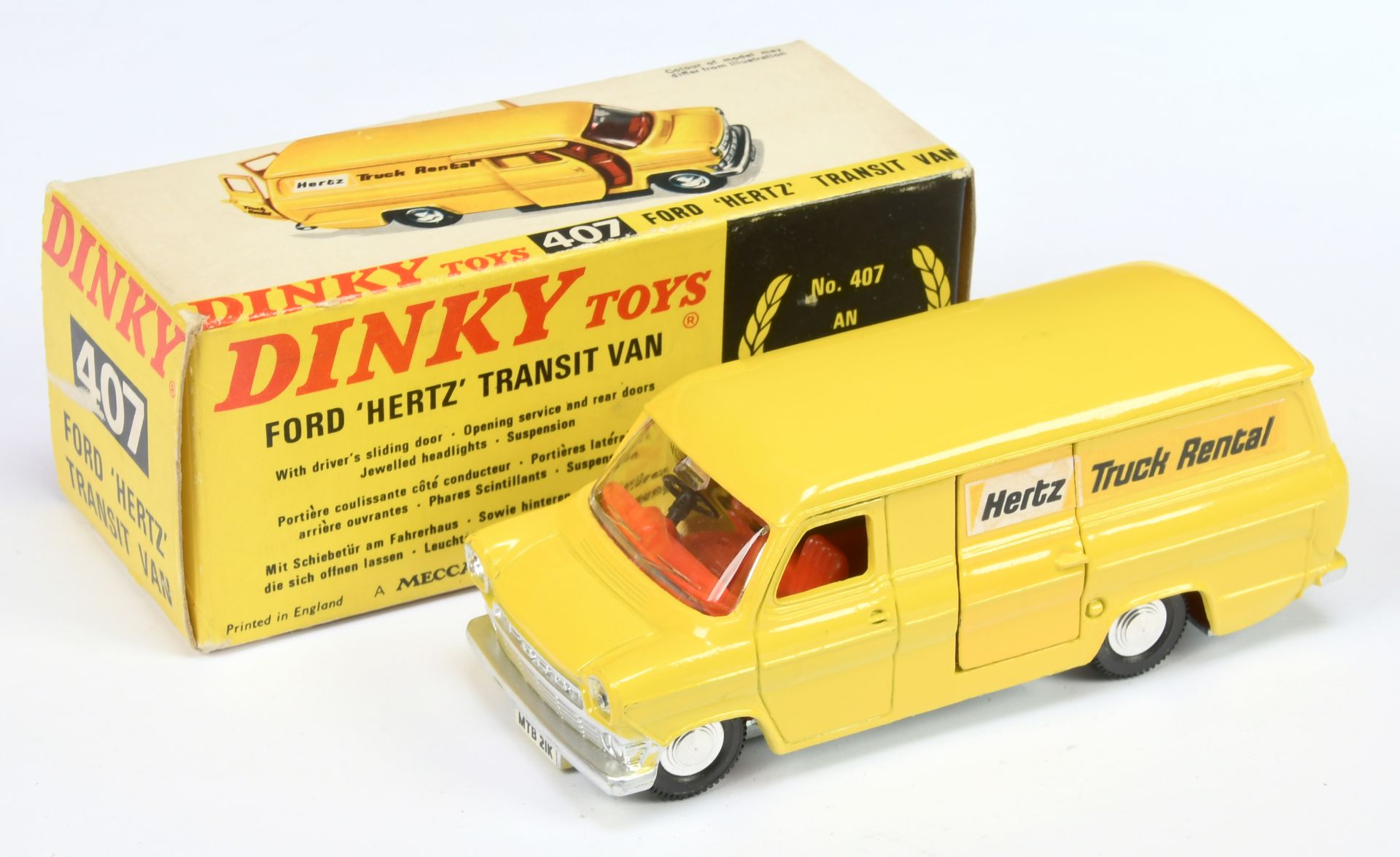 Dinky Toys 407 Ford transit van "Hertz Van Rental"  - Yellow body and opening doors, bare metal b...