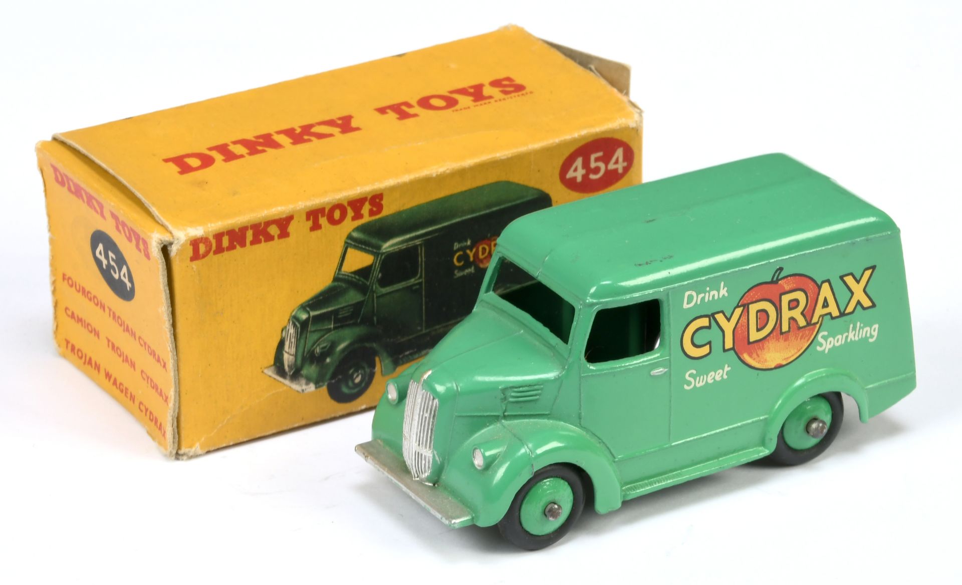 Dinky Toys 454 Trojan van "Drink Cydrax" - Mid-green body and rigid hubs with smooth tyres, silve...