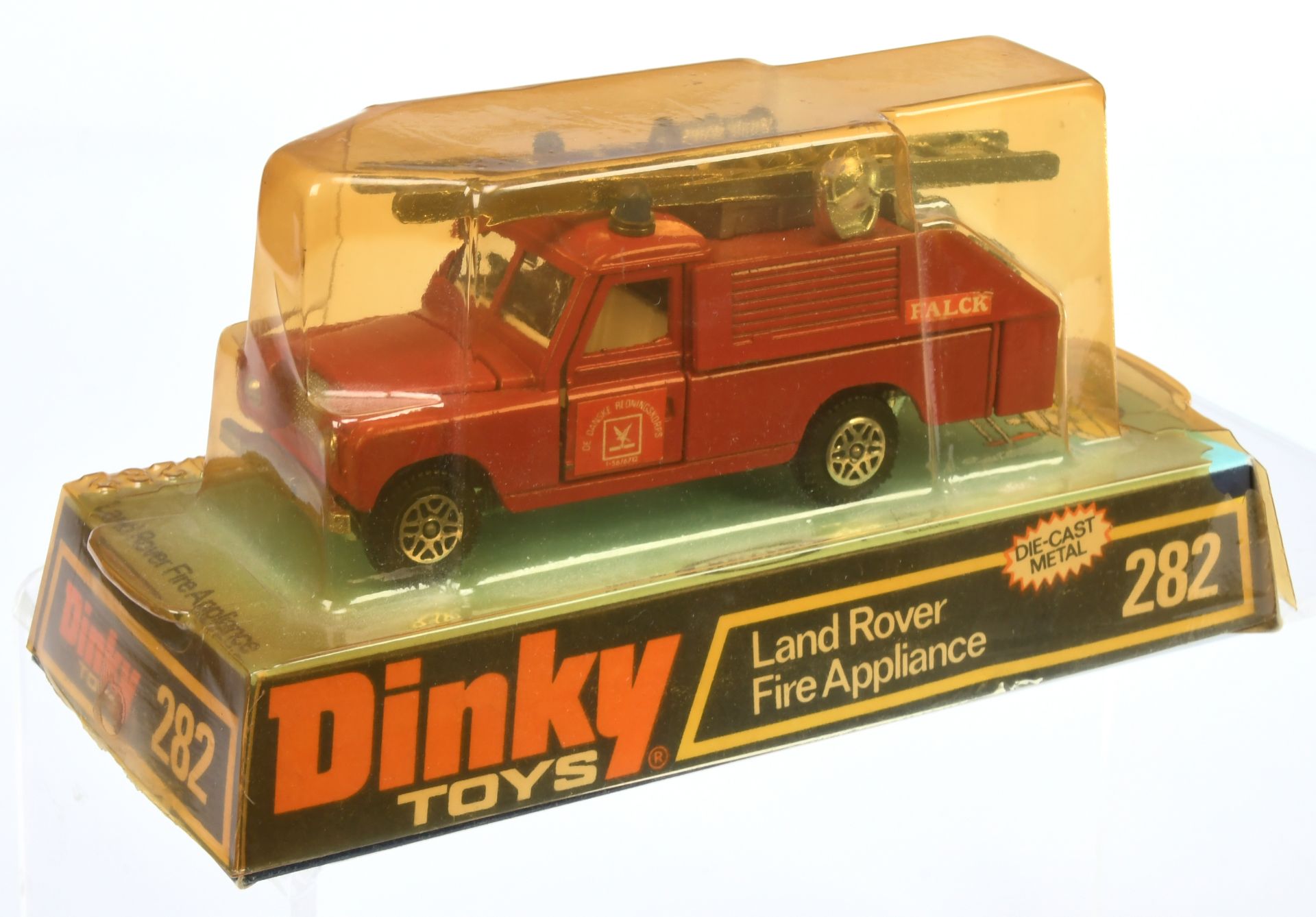 Dinky Toys 282 "Falck" Land Rover - Red body, white interior, blue solid roof lights, silver fron...