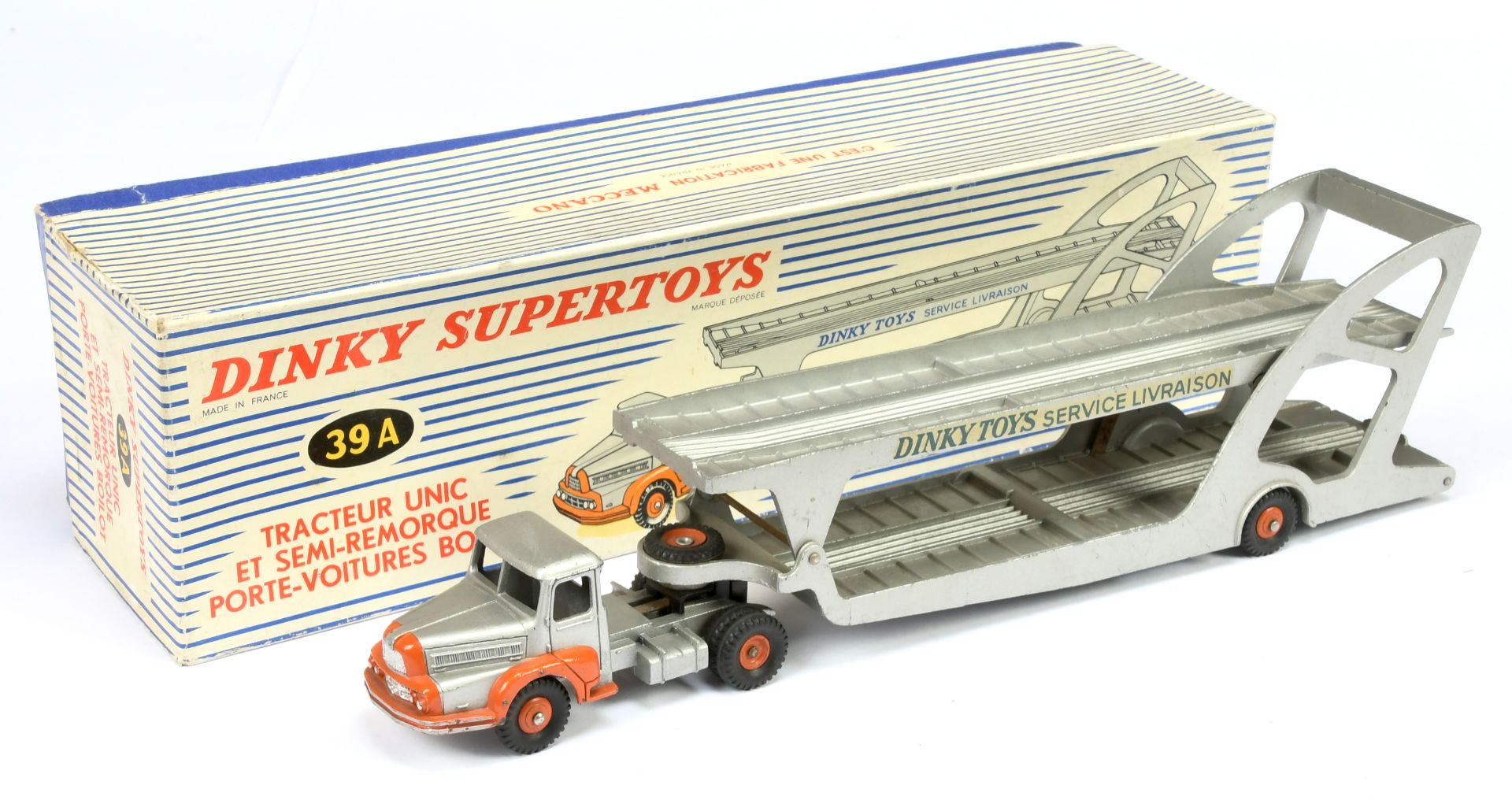 French Dinky Toys 39A Car Transporter "Dinky Toys Service Livraison" - Silver, orange including c...