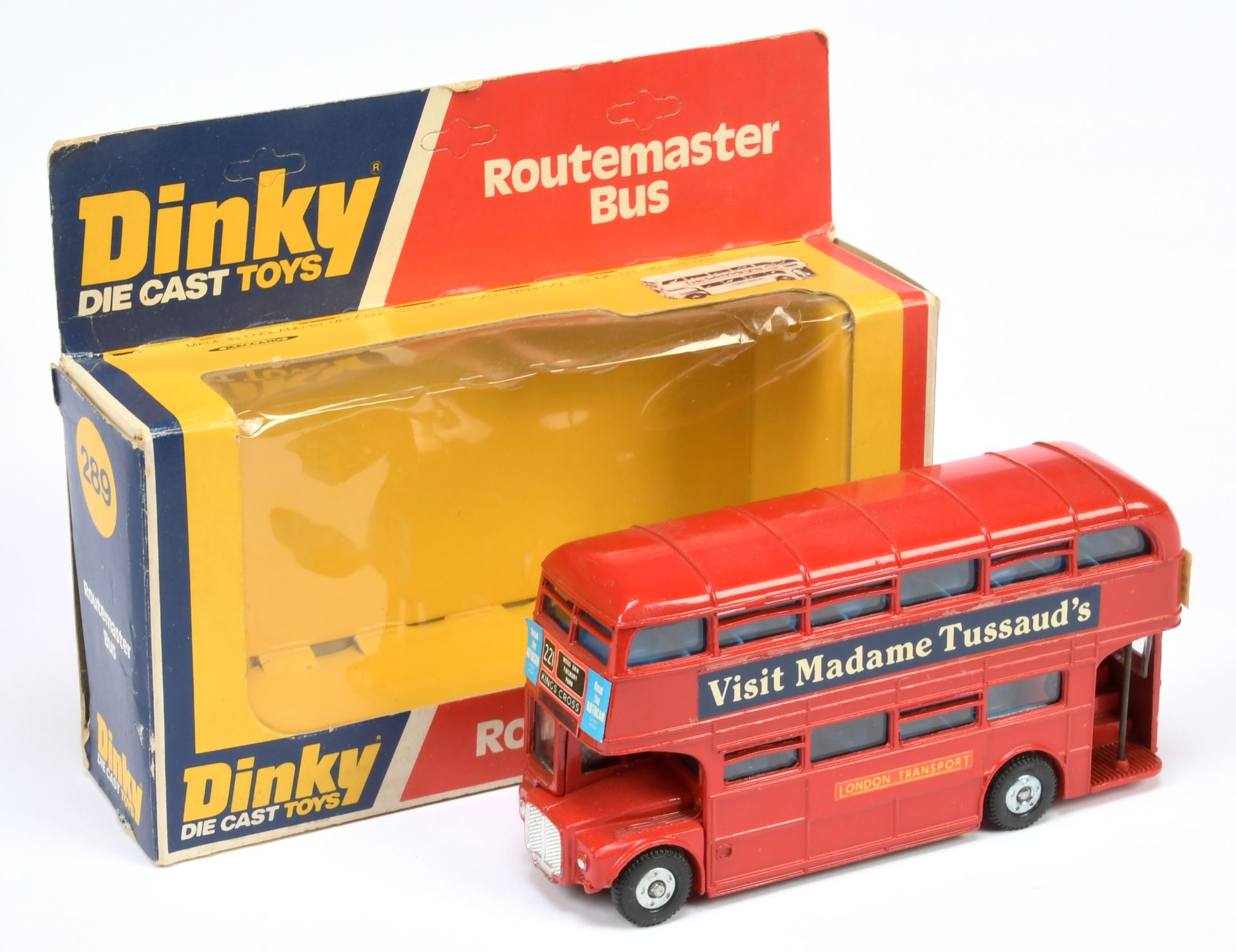 Dinky Toys  289 "London Transport" Routemaster bus "Visit Madame Tussaud's" - red body, blue inte...