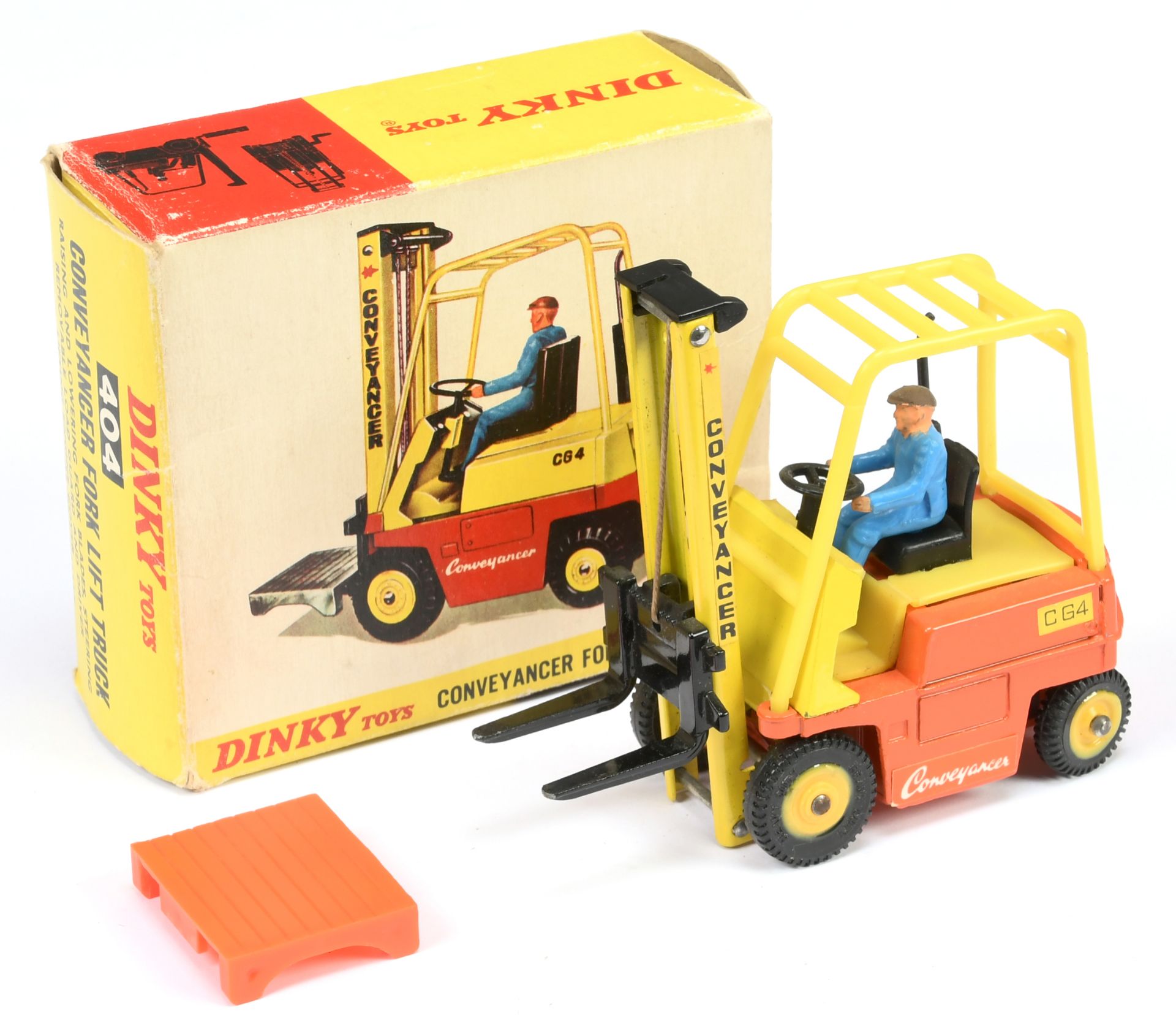 Dinky Toys 404 Conneyancer Fork Lift Truck - Orange body, yellow plastic inner and cage, black fo...