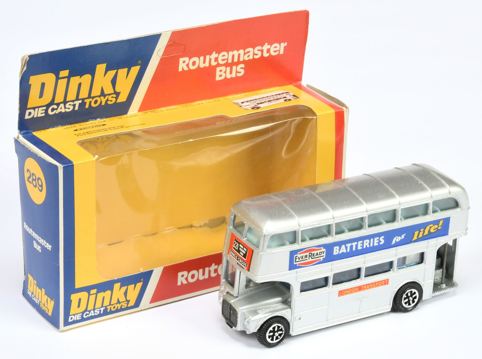 Dinky Toys  289 "Ever Ready Batteries" Routemaster bus  - Silver body, blue lower interior, light...