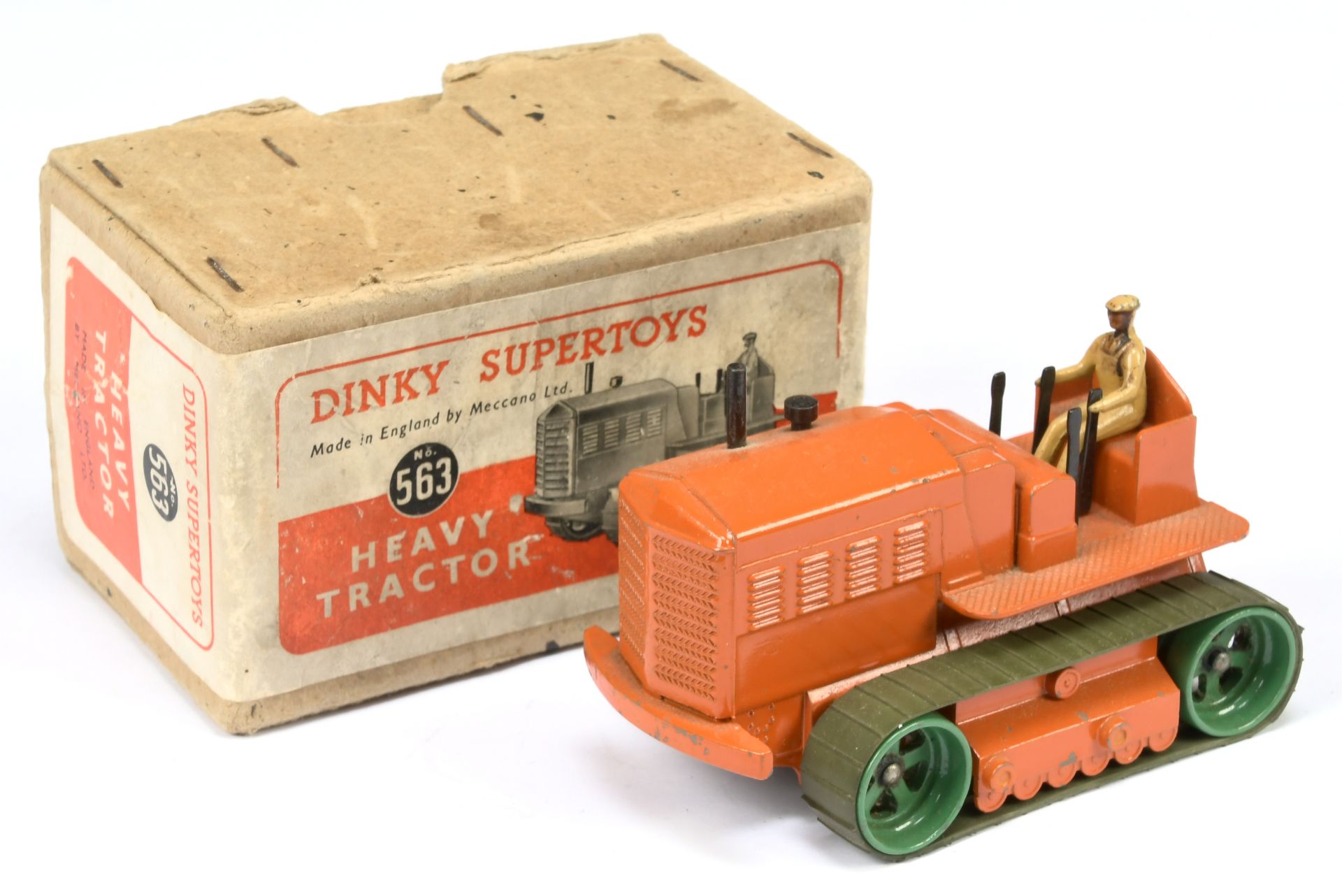 Dinky Toys 563 Heavy Tractor - Burnt Orange, Green metal rollers with rubber tracks, metal tow ho...