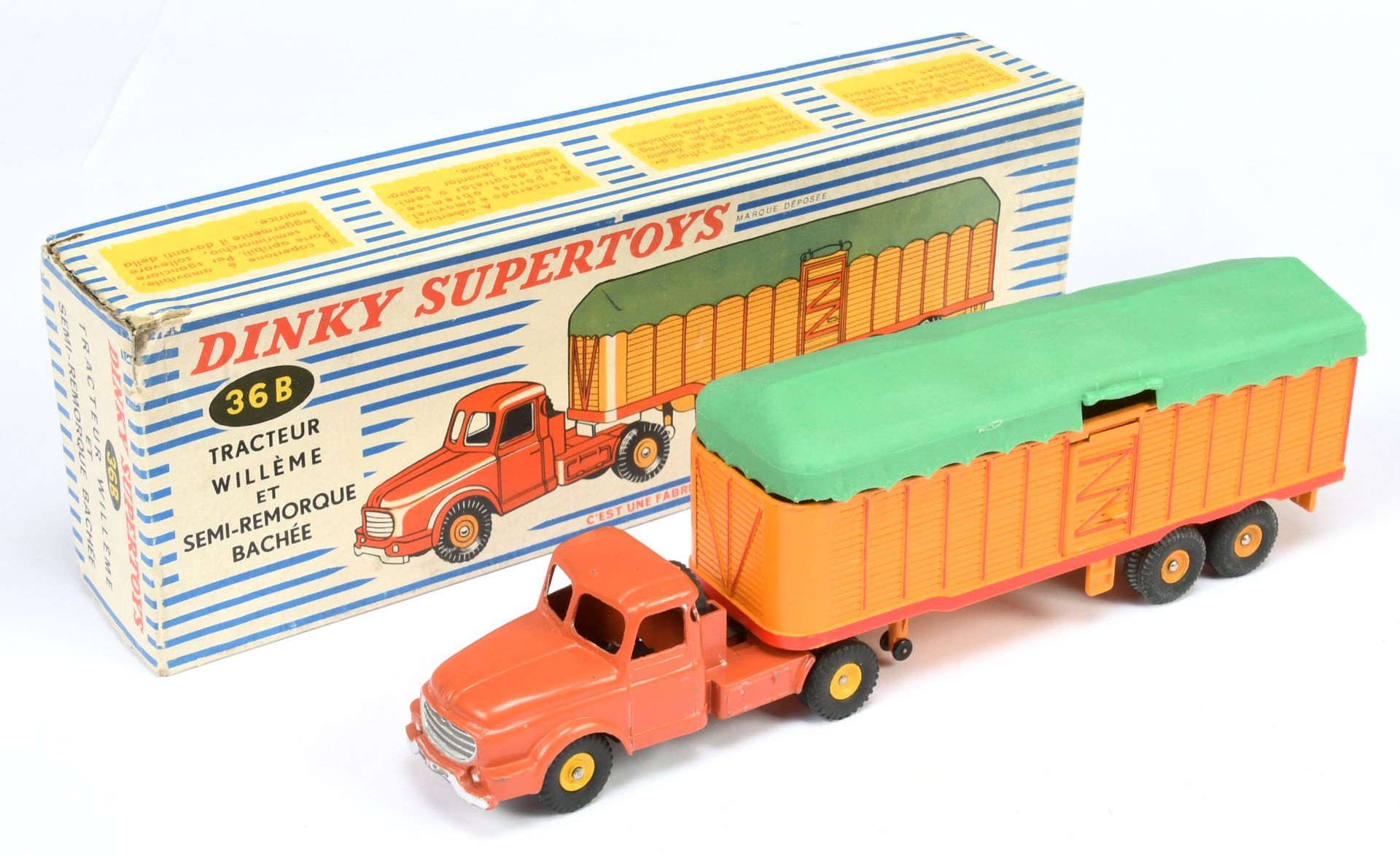 French Dinky Toys 36B Articulated Cattle Truck - Dull orange cab, yellow and red trailer with gre...