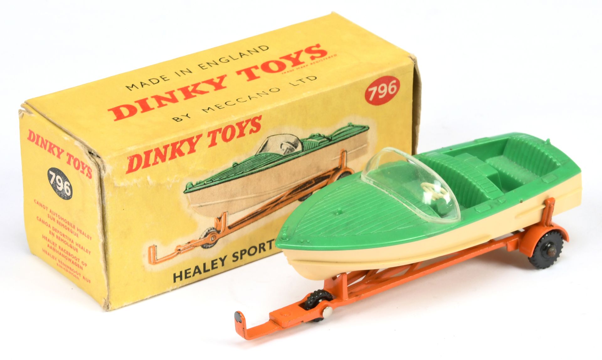 Dinky Toys 796 Healey Sports Boat On Trailer - Green, cream hull and steering wheel on orange tra...