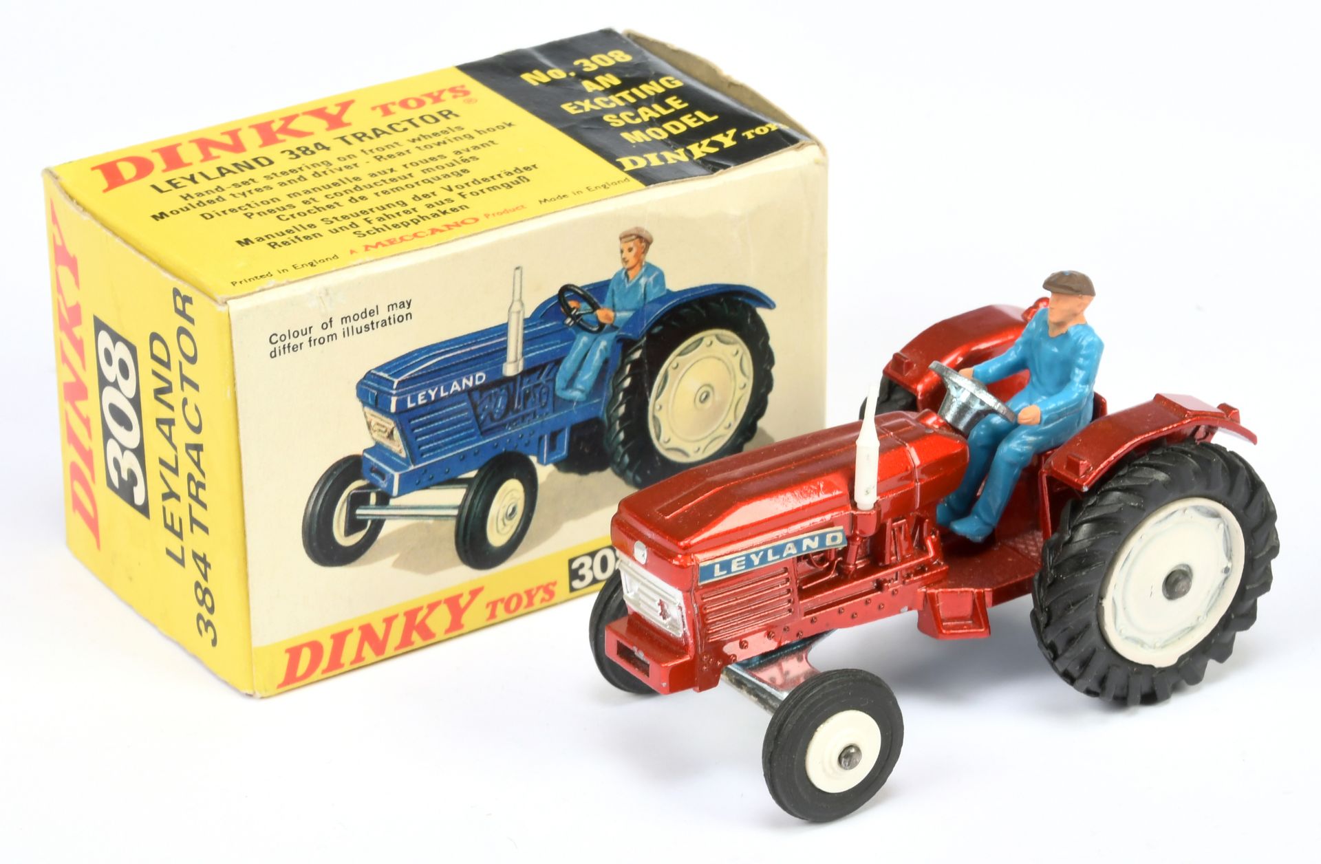 Dinky Toys 308 Leyland 384 Tractor - Metallic Red body, white hubs and chimney stack, figure driv...