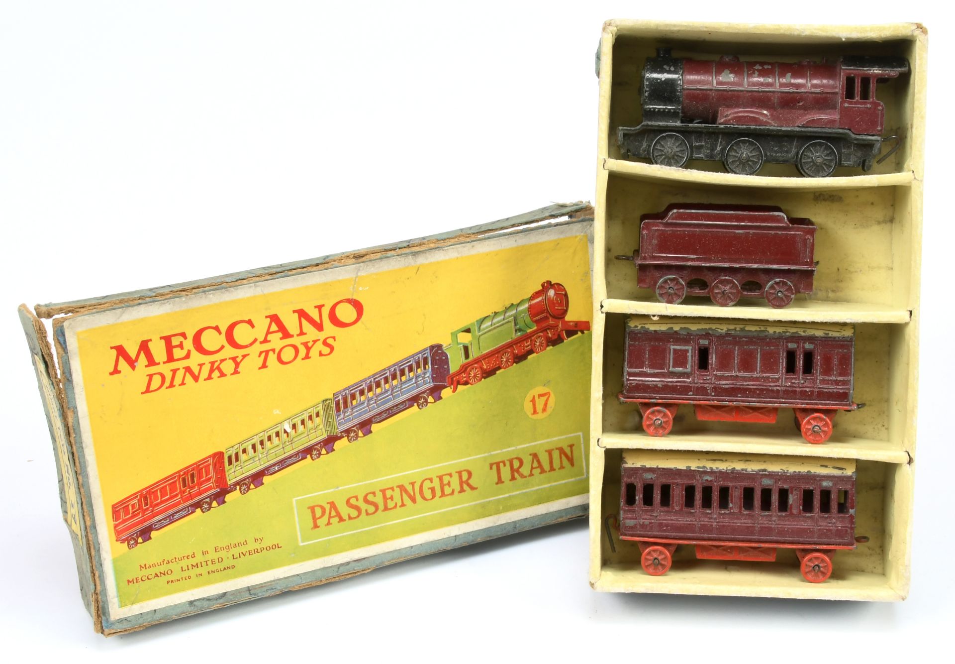 Dinky Pre-War 17 Passenger Train set - containing Locomotive - Maroon and black, Tender - Maroon ...