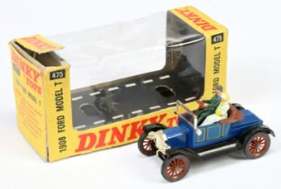 Dinky Toys 475 Ford Model T 1908 - Blue body, black chassis, maroon spoked wheels and 2 X Figures