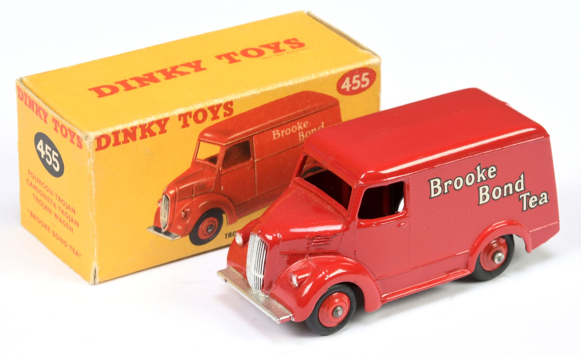 Dinky Toys 455 Trojan van "Brooke Bond Tea" - Red body and rigid hubs with smooth tyres, silver t...