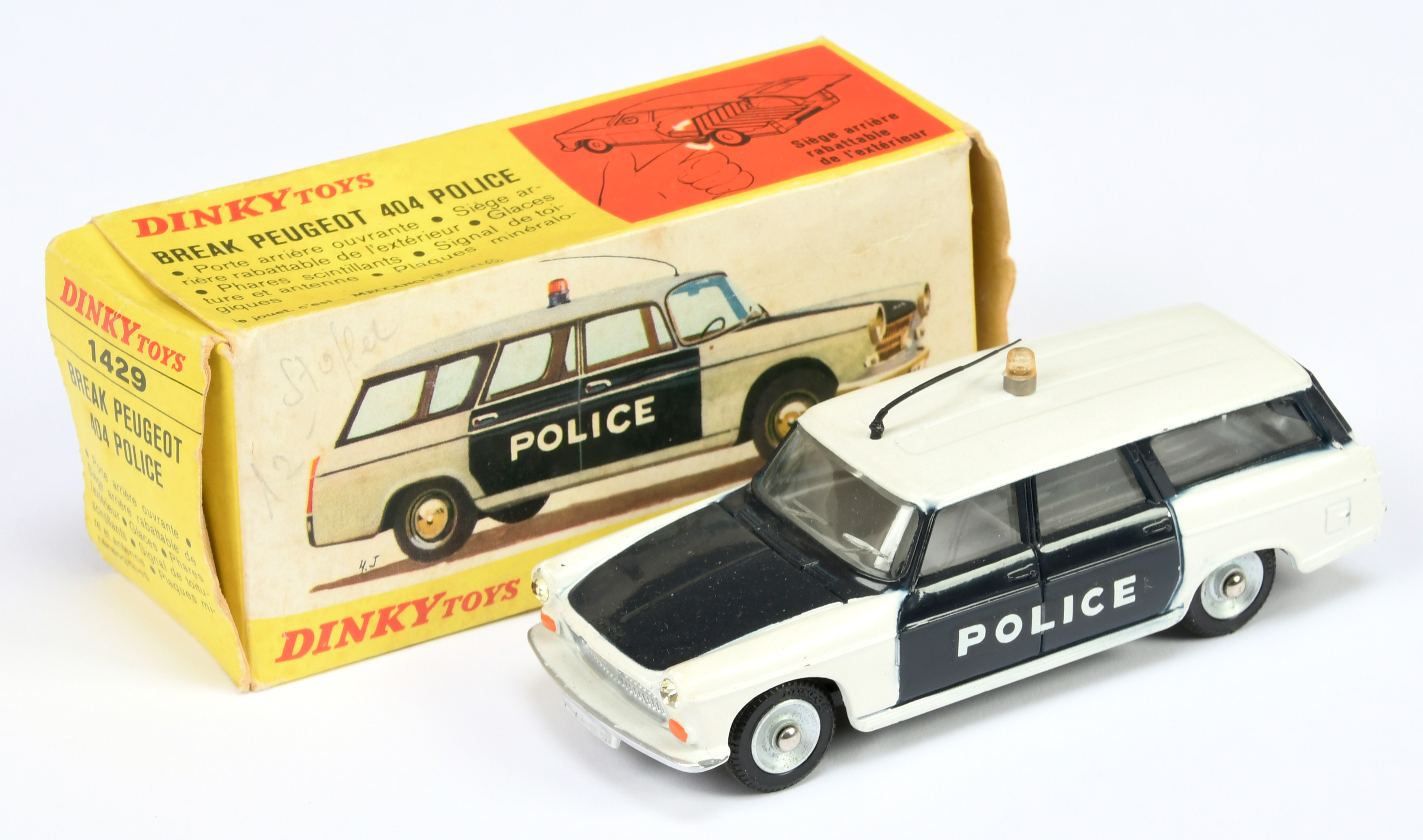French Dinky Toys 1429 Peugeot 404 break "Police" - White and Navy blue, amber roof light, aerial...