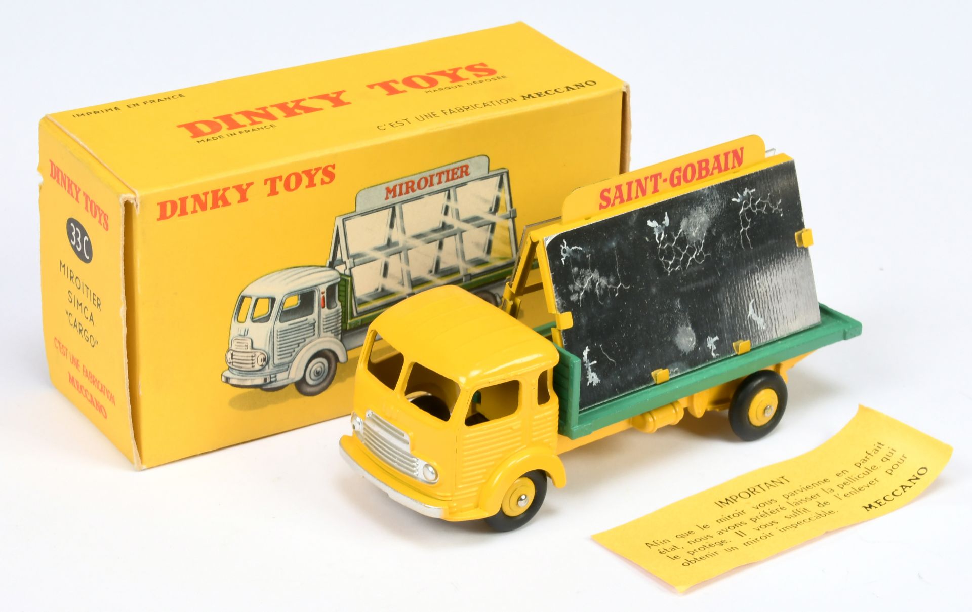 French Dinky Toys 33C Simca Cargo "Saint-Gobain/Miroitier" - Yellow cab, chassis and convex hubs,...