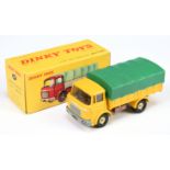 French Dinky Toys 584 Berliet Covered Truck - yellow cab and back, brown chassis and interior, gr...