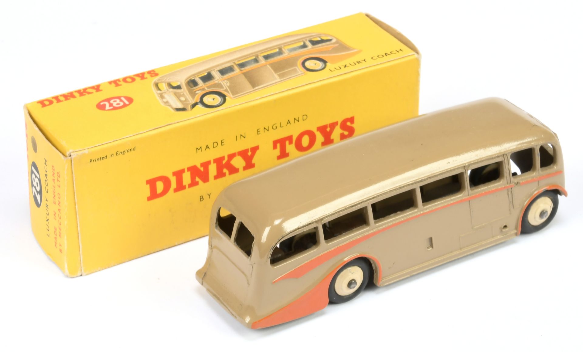 Dinky Toys 281 Luxury Coach - Fawn body, orange flashes, silver trim and cream rigid hubs with sm... - Bild 2 aus 2