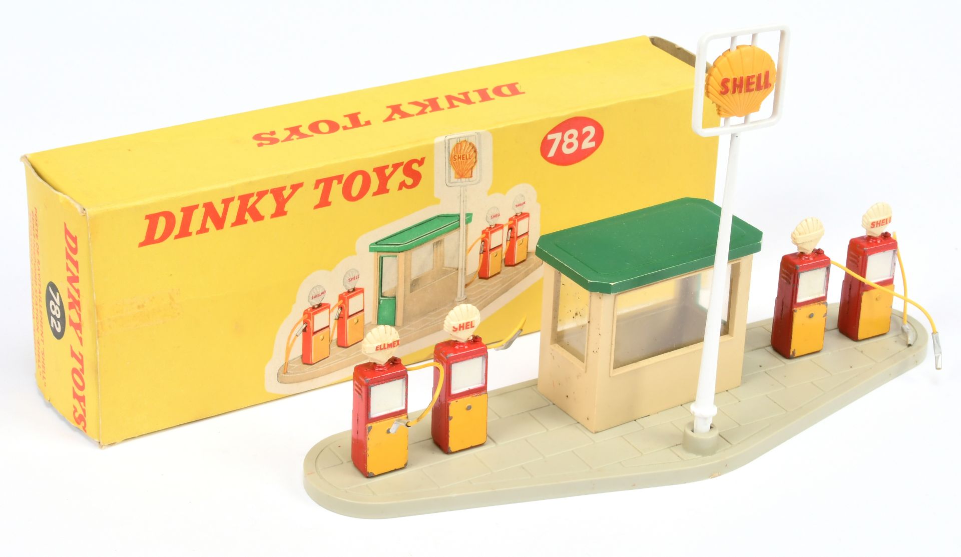 Dinky Toys 782 "SHELL" Petrol Pump Forecourt Set -Plastic base, hut and sign with 4 X metal pumps...