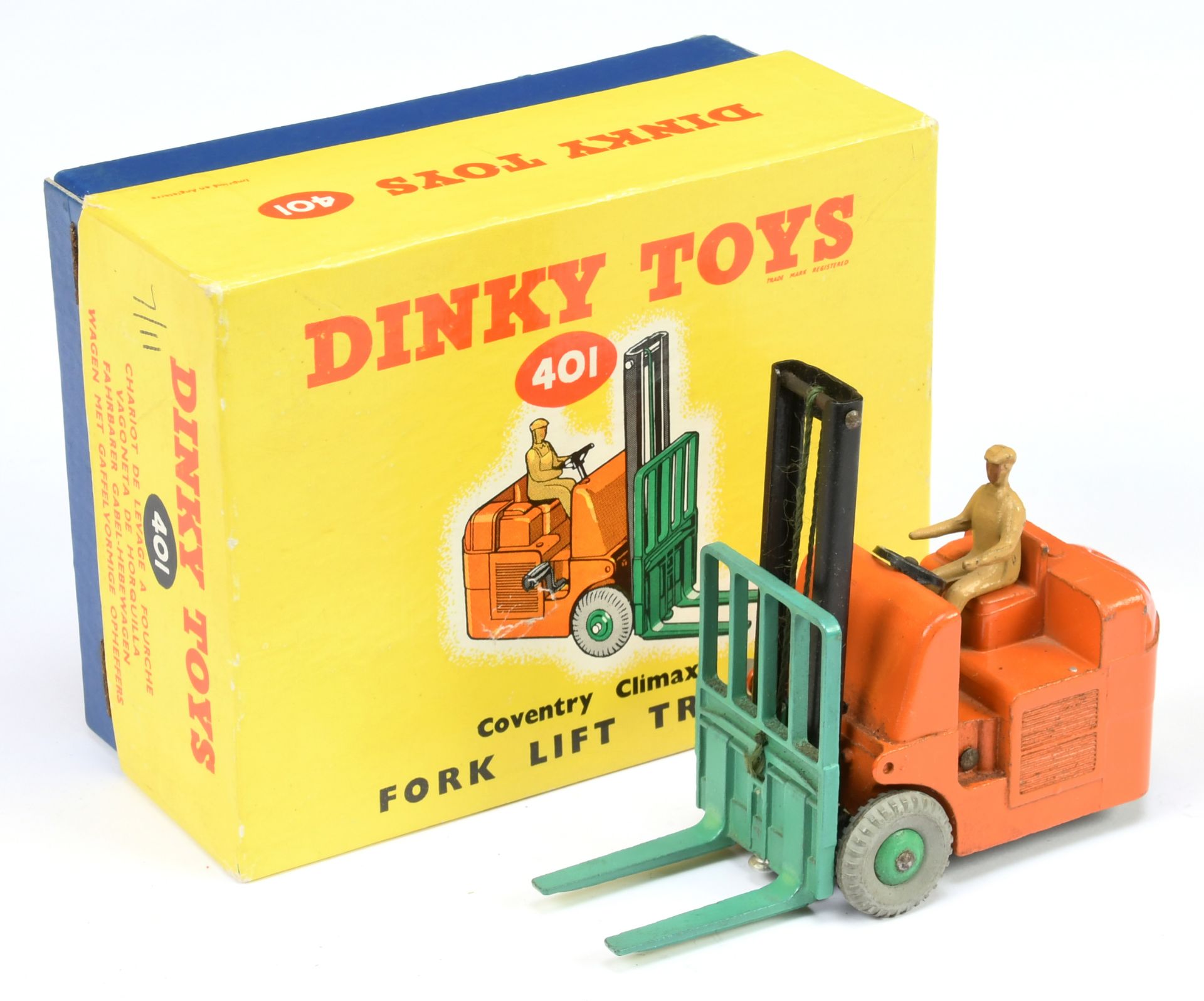 Dinky Toys 401 Coventry Climax Fork Lift Truck - Burnt orange body, black mast, mid-green forks a...