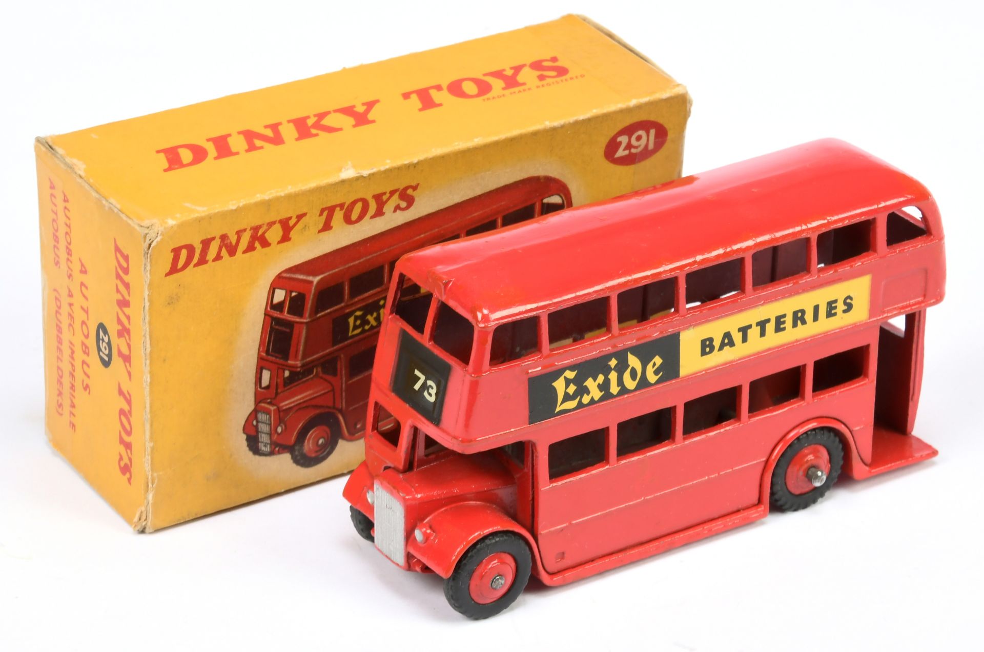 Dinky Toys 291 Doubles Decker Bus (Type 3) "Exide Batteries"  - Red body and rigid hubs with blac...