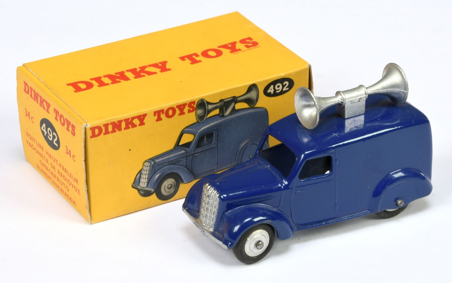 Dinky Toys 492 (34C) Loud Speaker Van - Violet blue body, silver trim, speakers and rigid hubs - ...