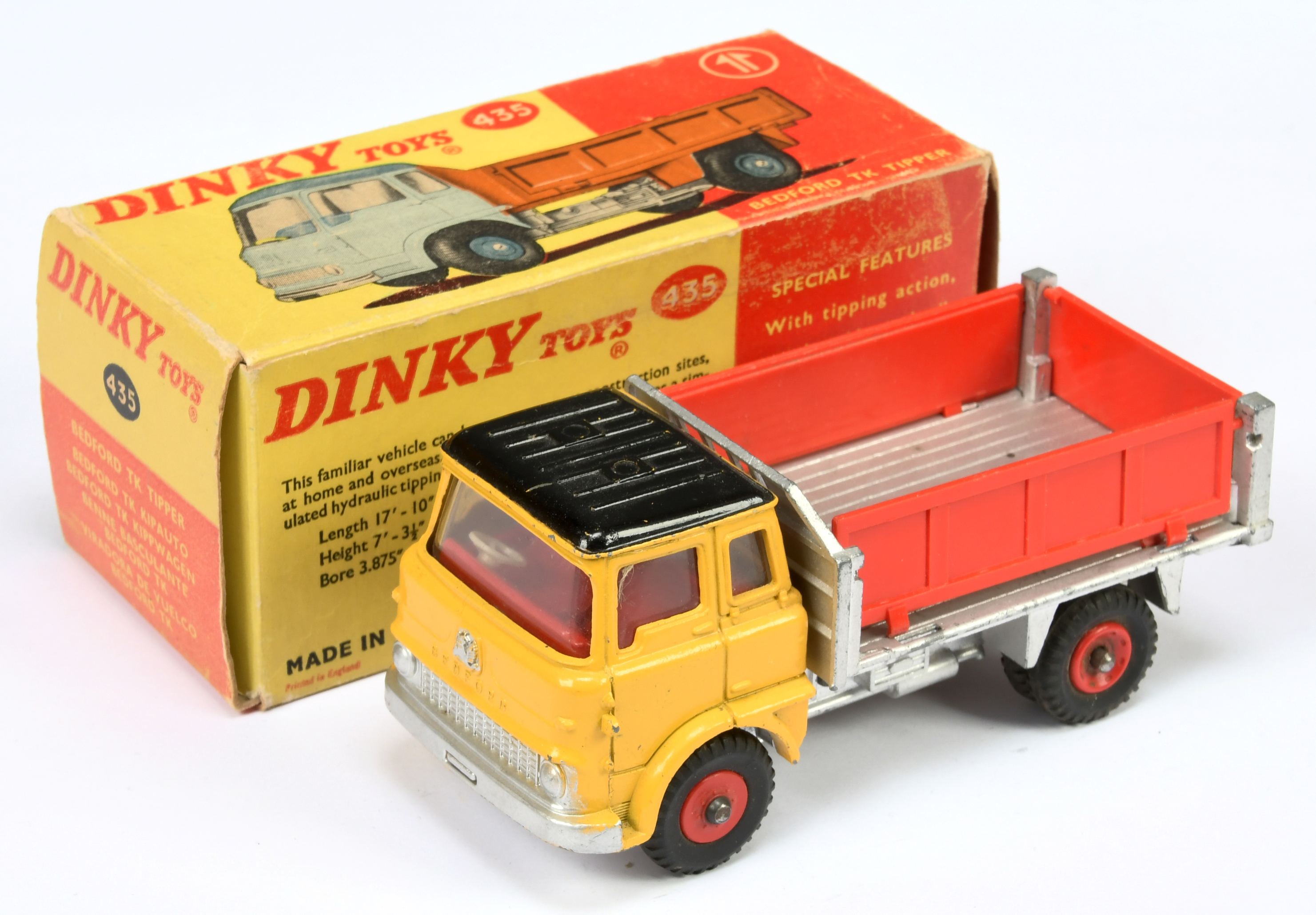 Dinky Toys 435 Bedford TK Tipper - Yellow cab, with black roof, silver trim and chassis, red inte...