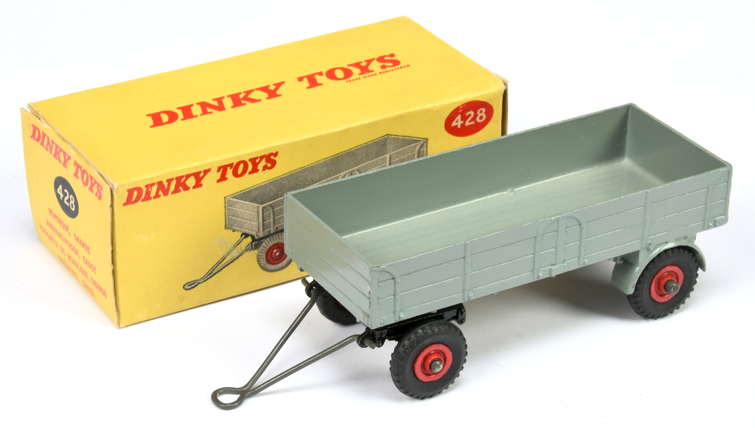 Dinky Toys 428 Large Trailer - Grey, red supertoy hubs with metal tow hook and draw bar