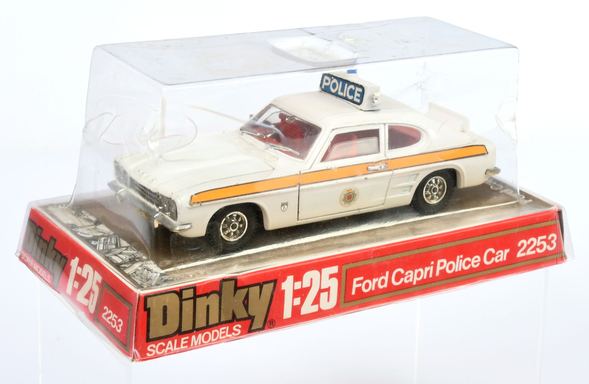 Dinky Toys 2253 (1/25th) Ford Capri "Police" - White body, red interior, chrome trim, roof box wi...