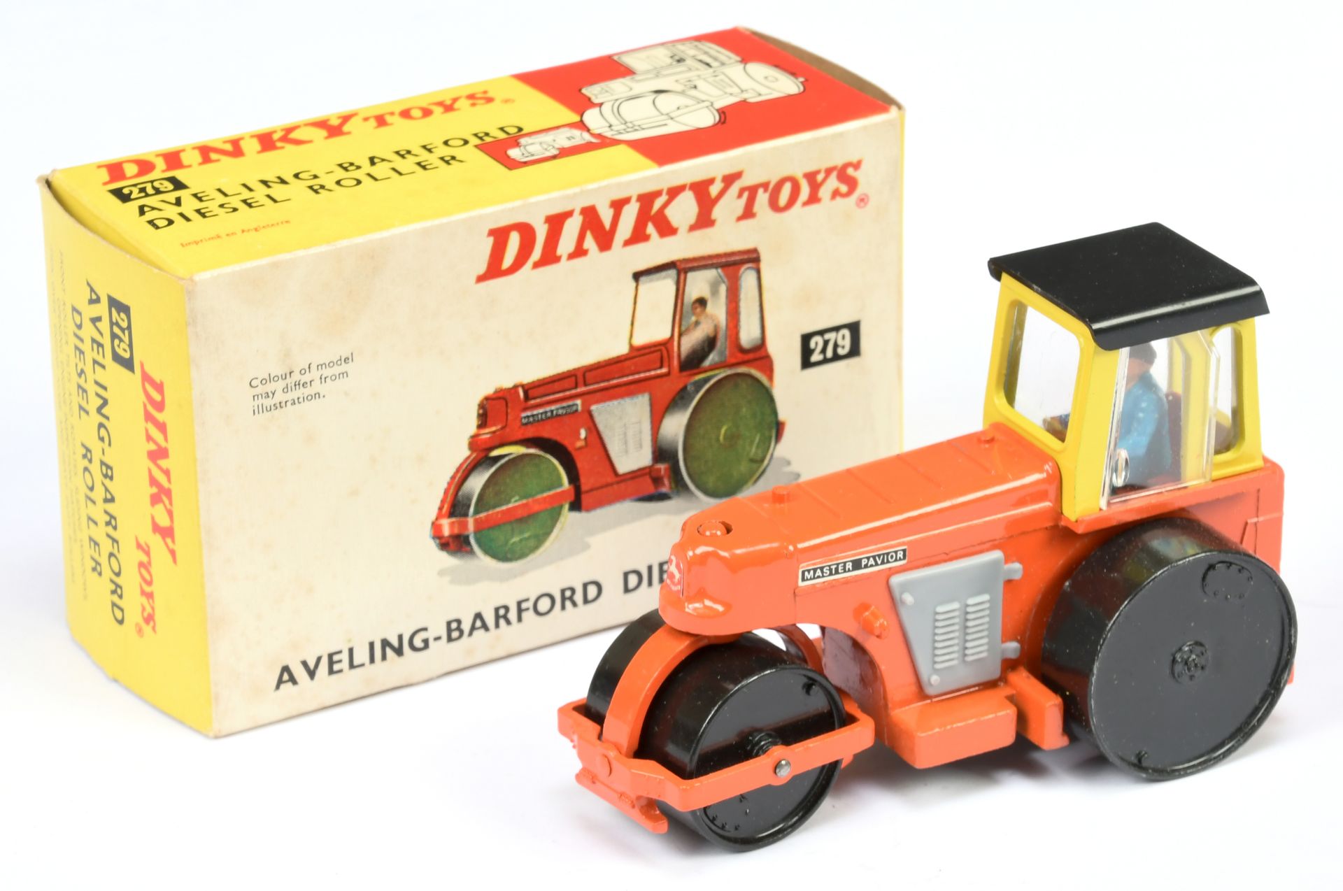 Dinky Toys 279 Aveling Barford Diesel Roller - orange body yellow cab with black roof, grey plast...