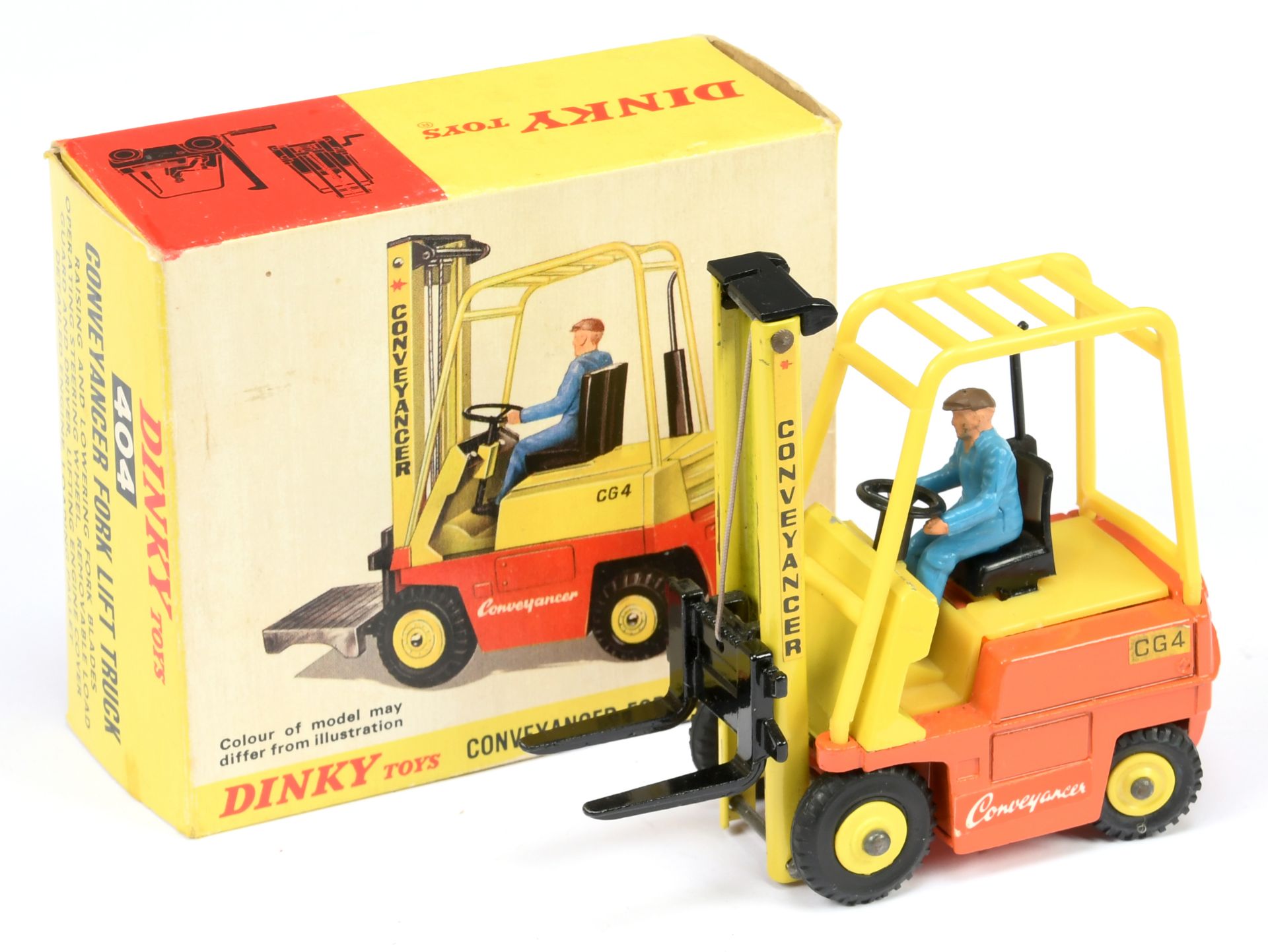 Dinky Toys 404 Conneyancer Fork Lift Truck - Orange body, yellow plastic inner and cage, black fo...
