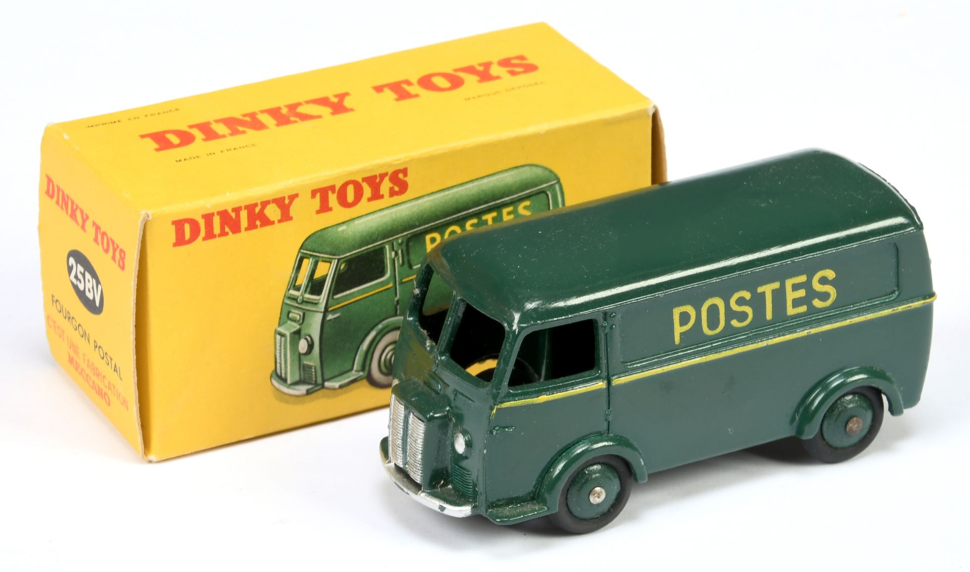 French Dinky Toys 25BV Peugeot Fourgon " Postes" - Green including convex hubs, yellow trim with ...